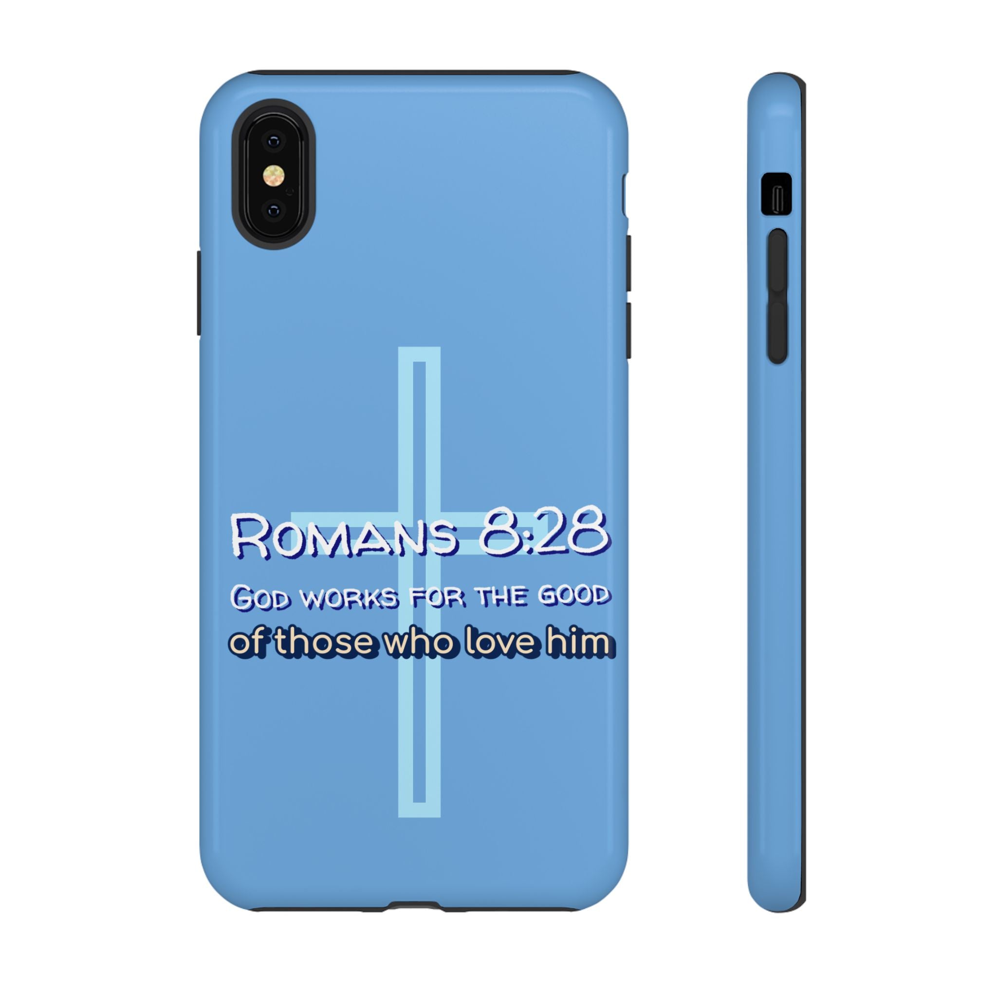 Light Blue iPhone series -Romans 8:28 God works for the Good of those who loves him. Tough Cases for Faith & Inspiration, Christian Gifts, Stylish Protection, Bible Verse Accessories