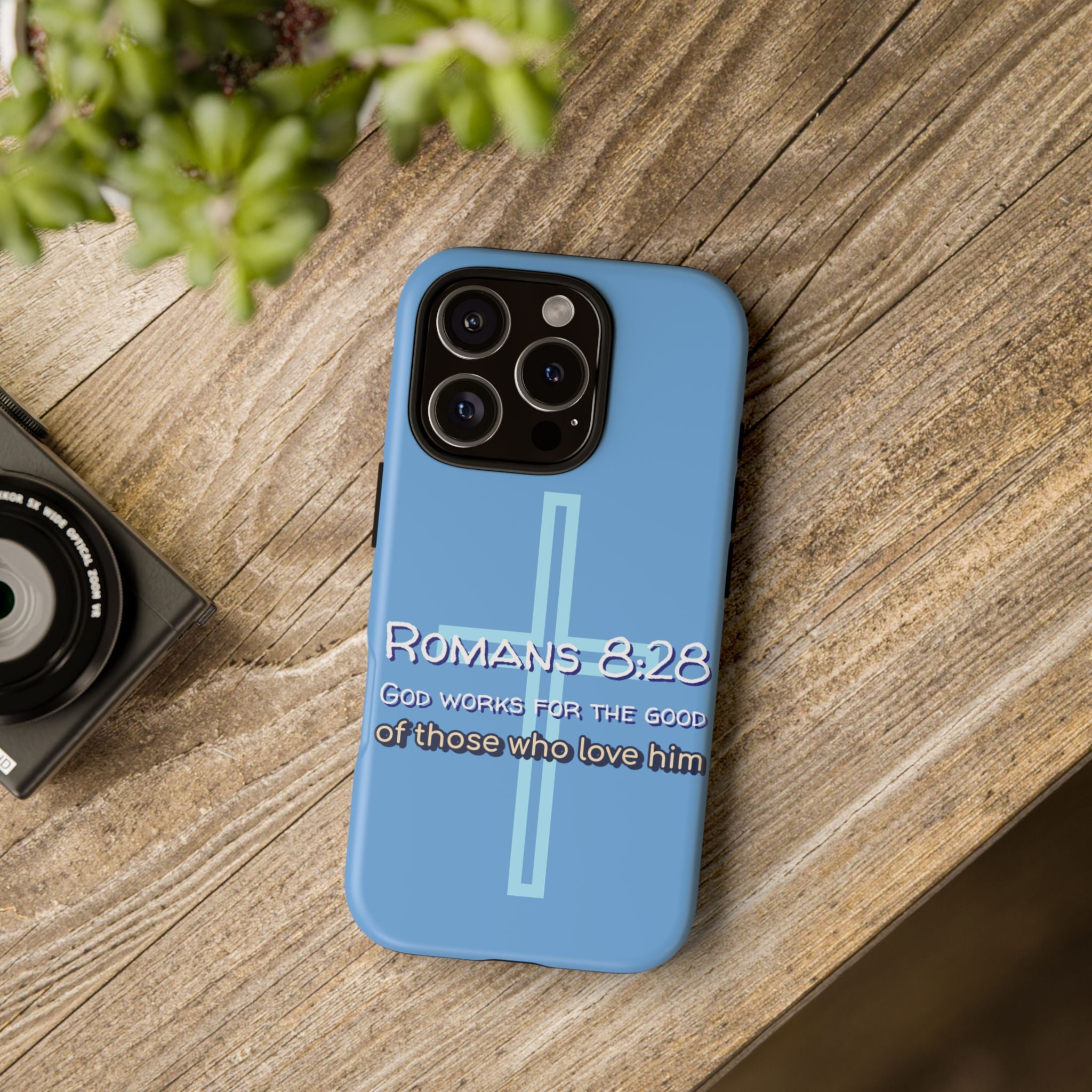 Light Blue iPhone series -Romans 8:28 God works for the Good of those who loves him. Tough Cases for Faith & Inspiration, Christian Gifts, Stylish Protection, Bible Verse Accessories