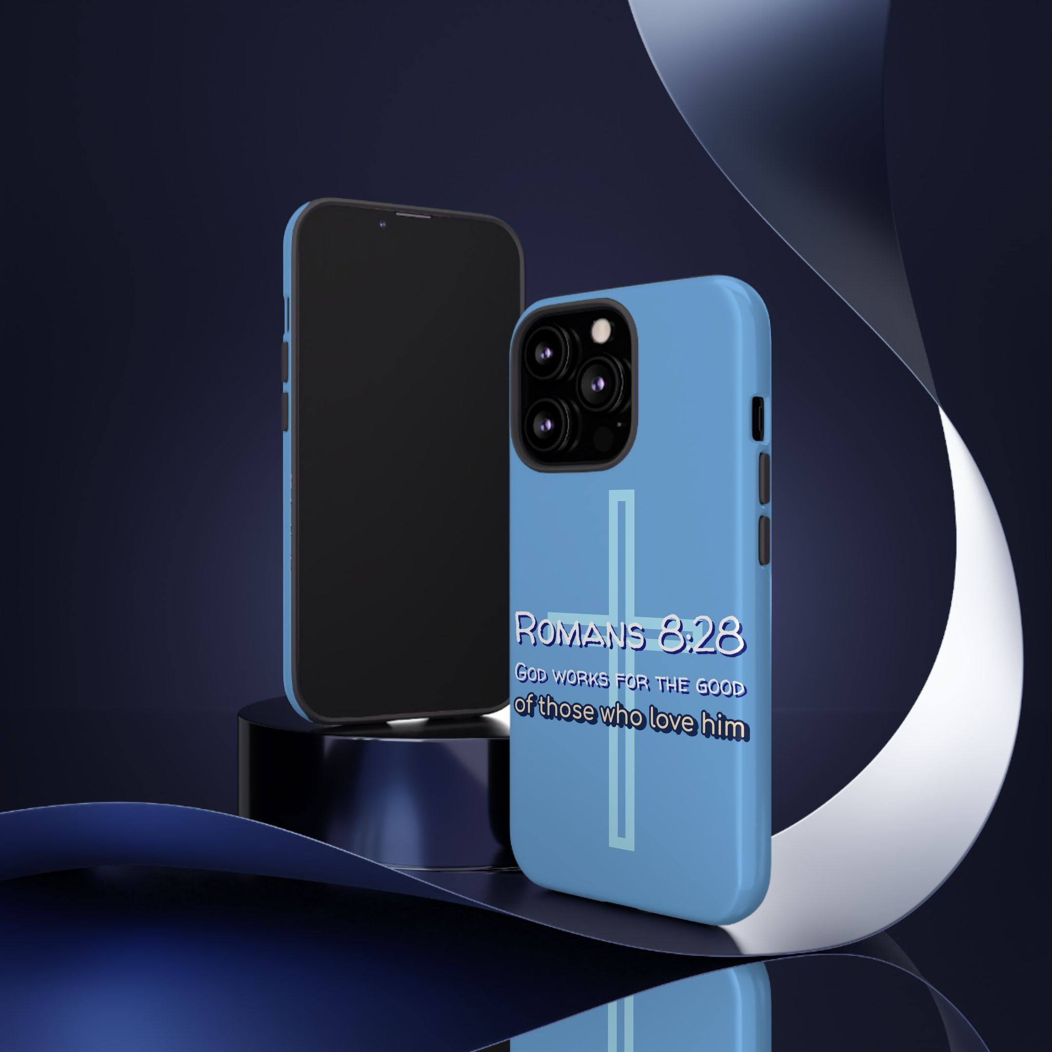 Light Blue iPhone series -Romans 8:28 God works for the Good of those who loves him. Tough Cases for Faith & Inspiration, Christian Gifts, Stylish Protection, Bible Verse Accessories
