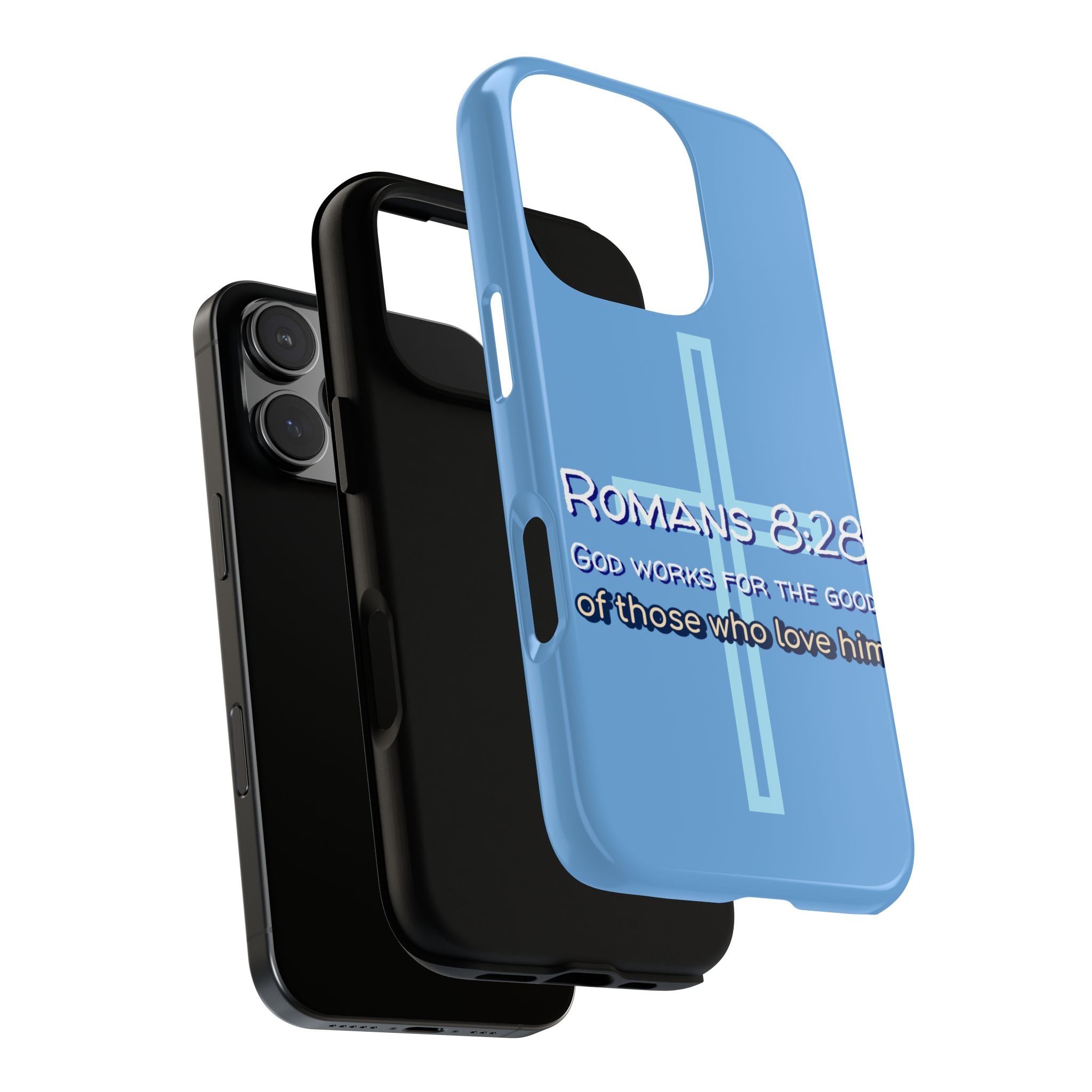 Light Blue iPhone series -Romans 8:28 God works for the Good of those who loves him. Tough Cases for Faith & Inspiration, Christian Gifts, Stylish Protection, Bible Verse Accessories