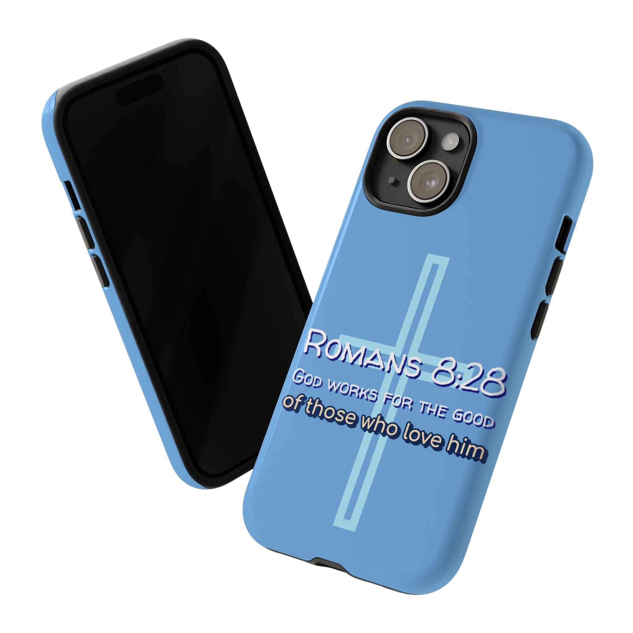 Light Blue iPhone series -Romans 8:28 God works for the Good of those who loves him. Tough Cases for Faith & Inspiration, Christian Gifts, Stylish Protection, Bible Verse Accessories