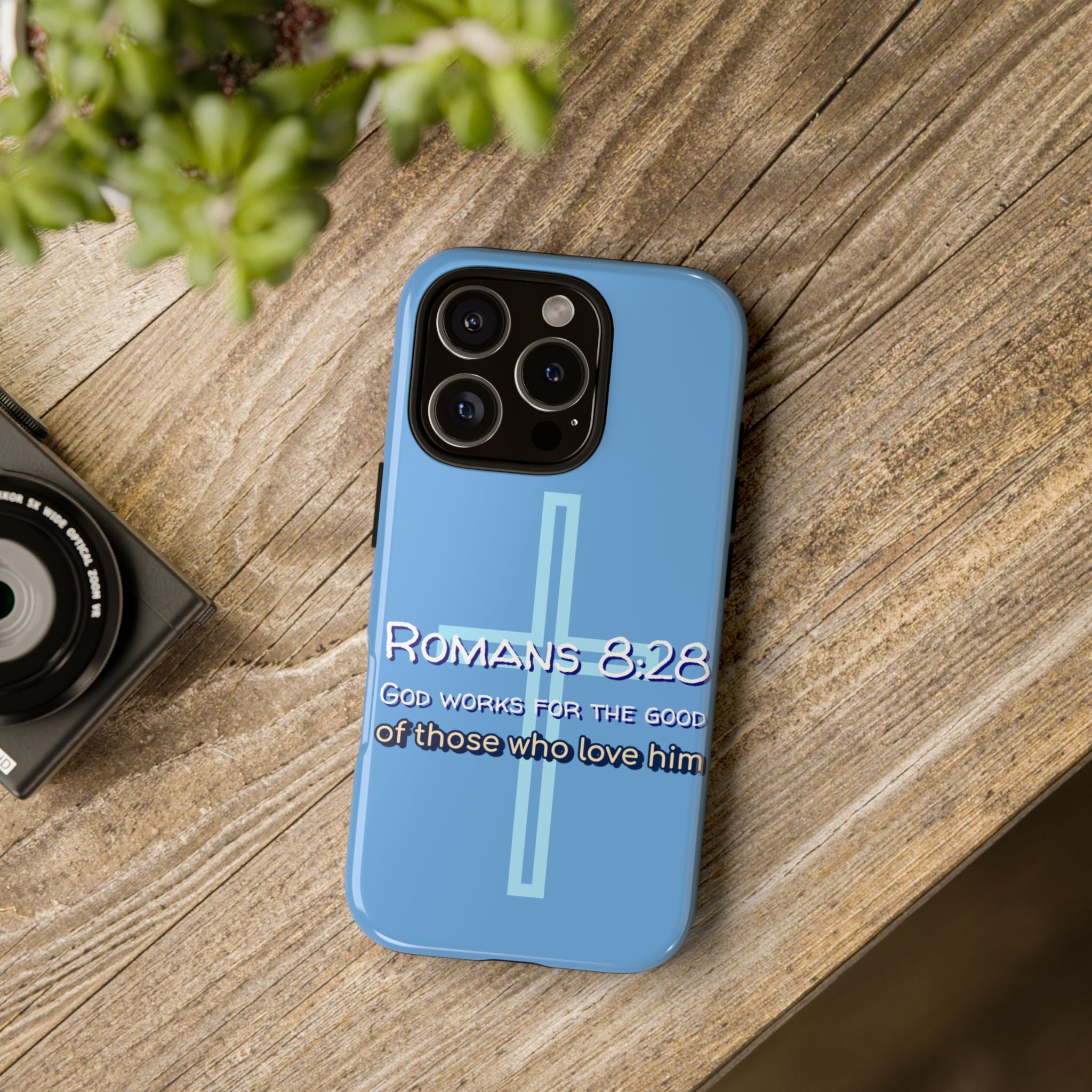 Light Blue iPhone series -Romans 8:28 God works for the Good of those who loves him. Tough Cases for Faith & Inspiration, Christian Gifts, Stylish Protection, Bible Verse Accessories