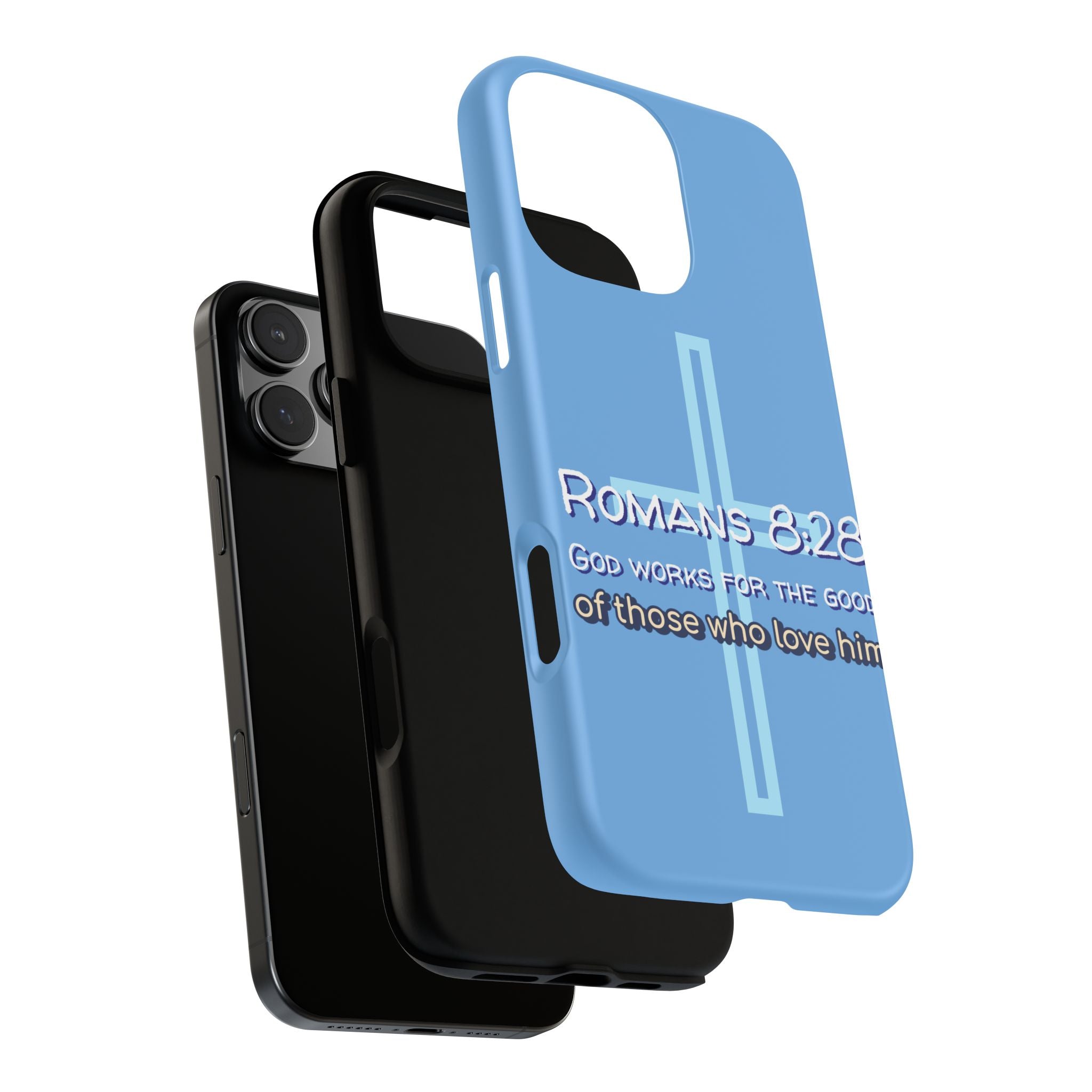 Light Blue iPhone series -Romans 8:28 God works for the Good of those who loves him. Tough Cases for Faith & Inspiration, Christian Gifts, Stylish Protection, Bible Verse Accessories