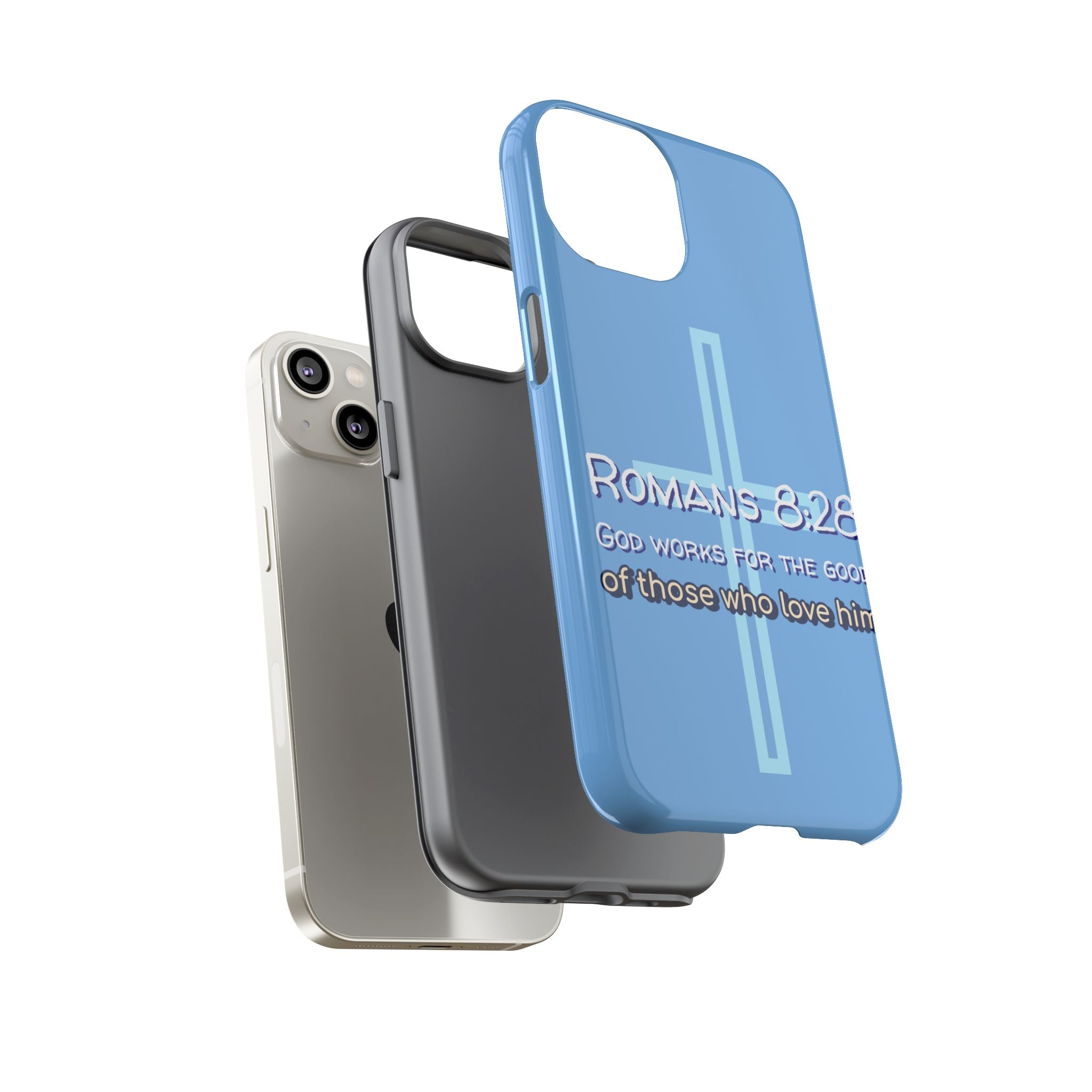 Light Blue iPhone series -Romans 8:28 God works for the Good of those who loves him. Tough Cases for Faith & Inspiration, Christian Gifts, Stylish Protection, Bible Verse Accessories