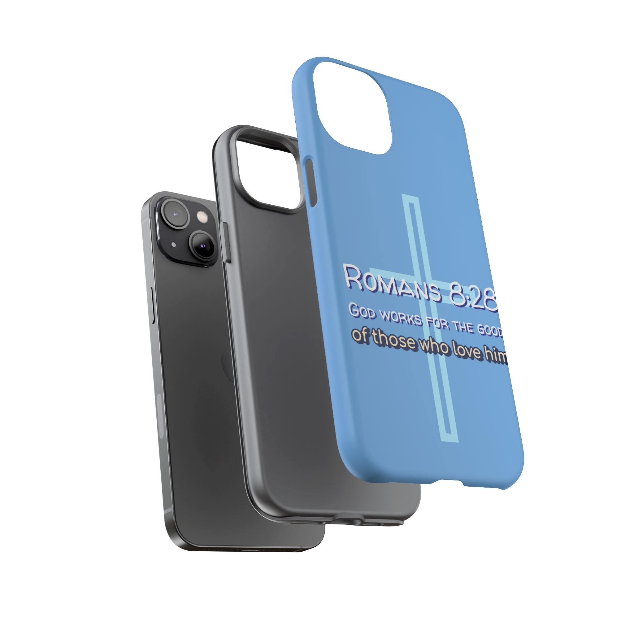 Light Blue iPhone series -Romans 8:28 God works for the Good of those who loves him. Tough Cases for Faith & Inspiration, Christian Gifts, Stylish Protection, Bible Verse Accessories