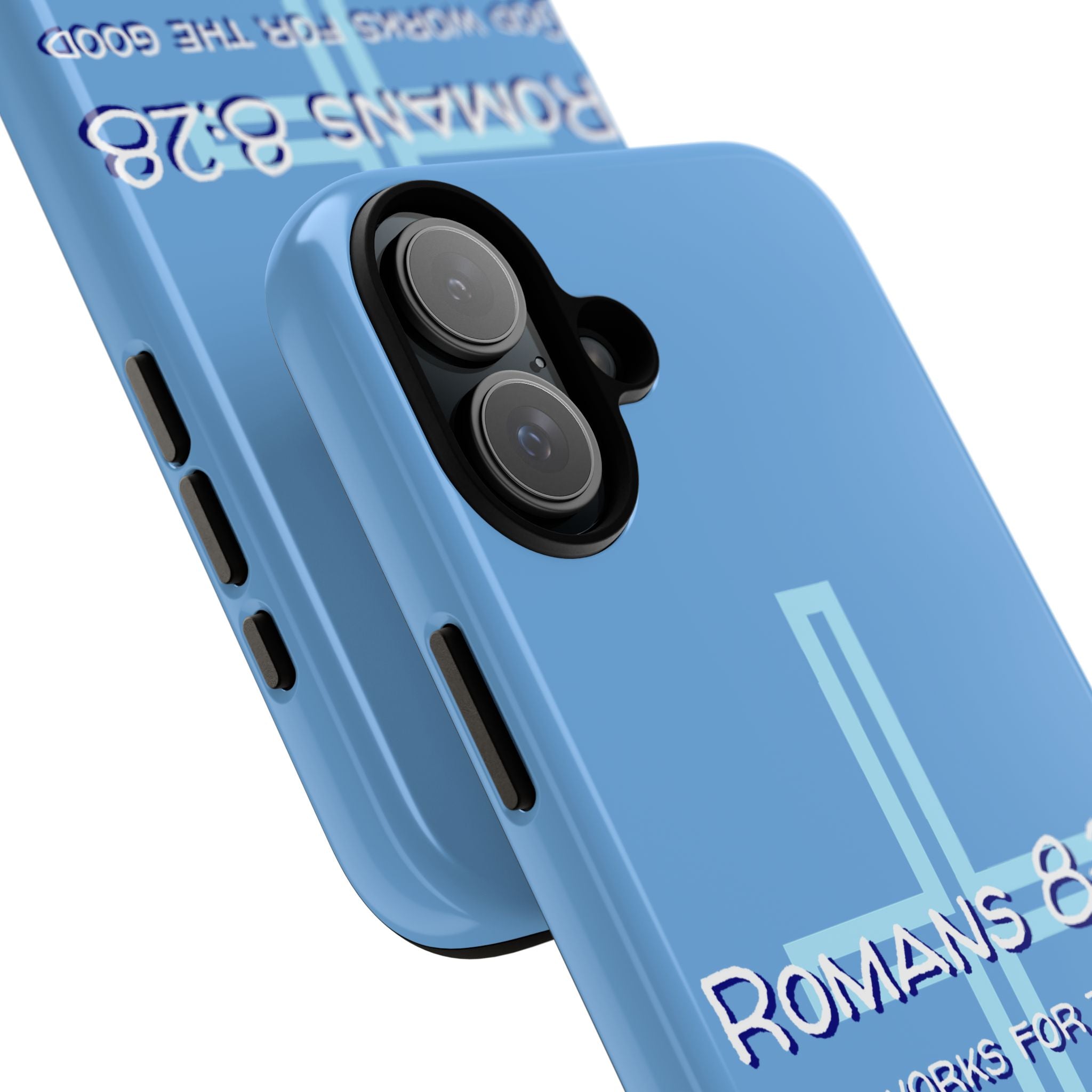 Light Blue iPhone series -Romans 8:28 God works for the Good of those who loves him. Tough Cases for Faith & Inspiration, Christian Gifts, Stylish Protection, Bible Verse Accessories