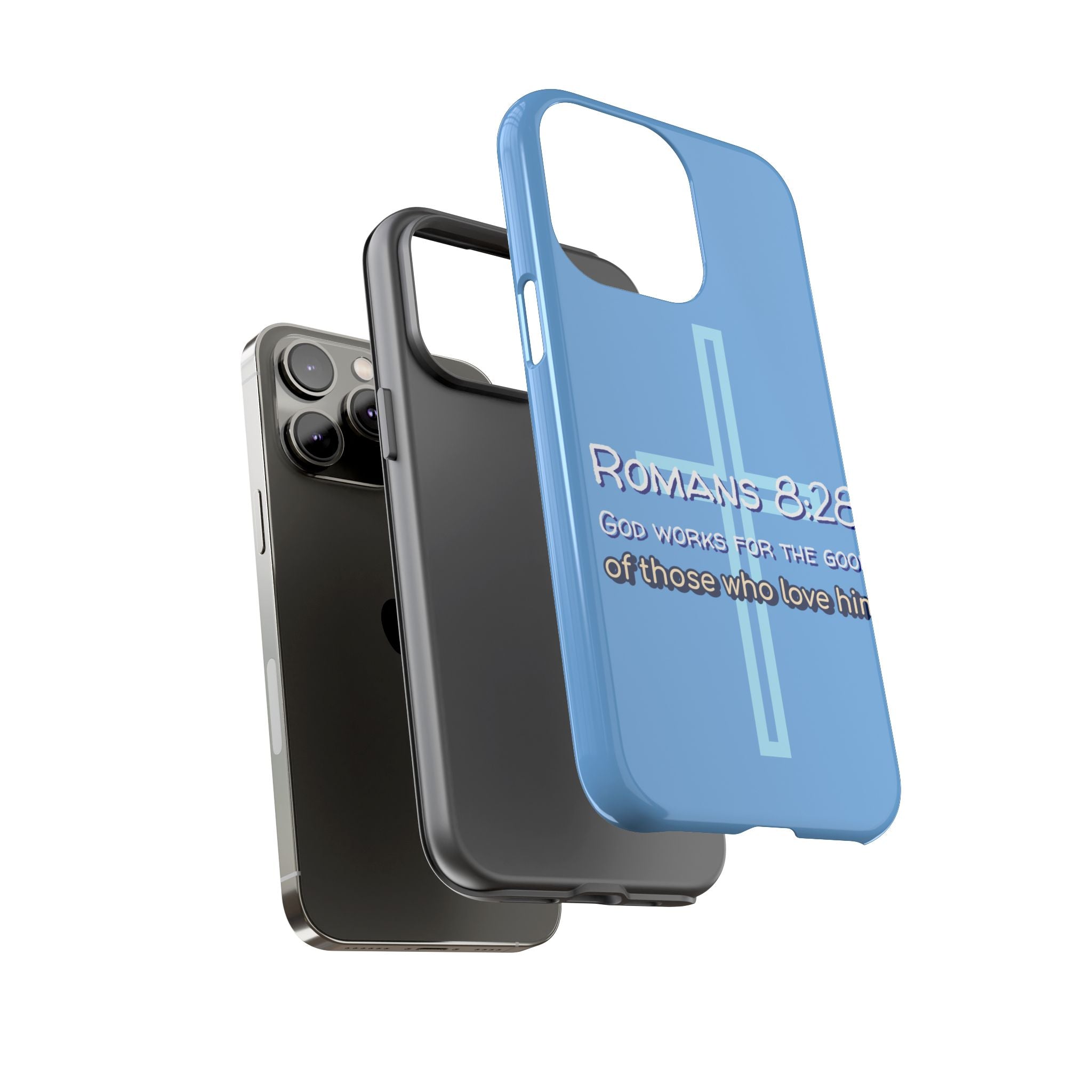 Light Blue iPhone series -Romans 8:28 God works for the Good of those who loves him. Tough Cases for Faith & Inspiration, Christian Gifts, Stylish Protection, Bible Verse Accessories