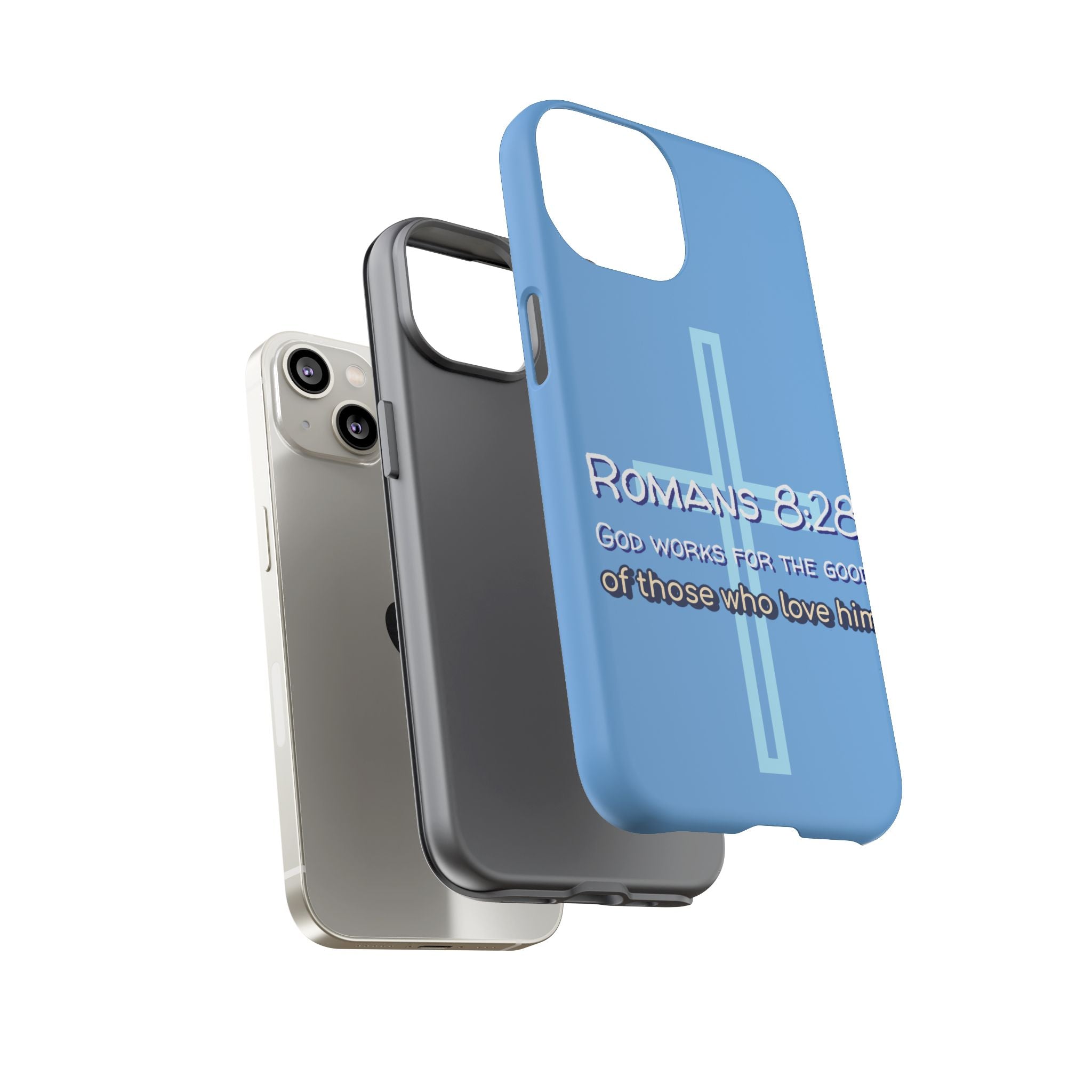 Light Blue iPhone series -Romans 8:28 God works for the Good of those who loves him. Tough Cases for Faith & Inspiration, Christian Gifts, Stylish Protection, Bible Verse Accessories