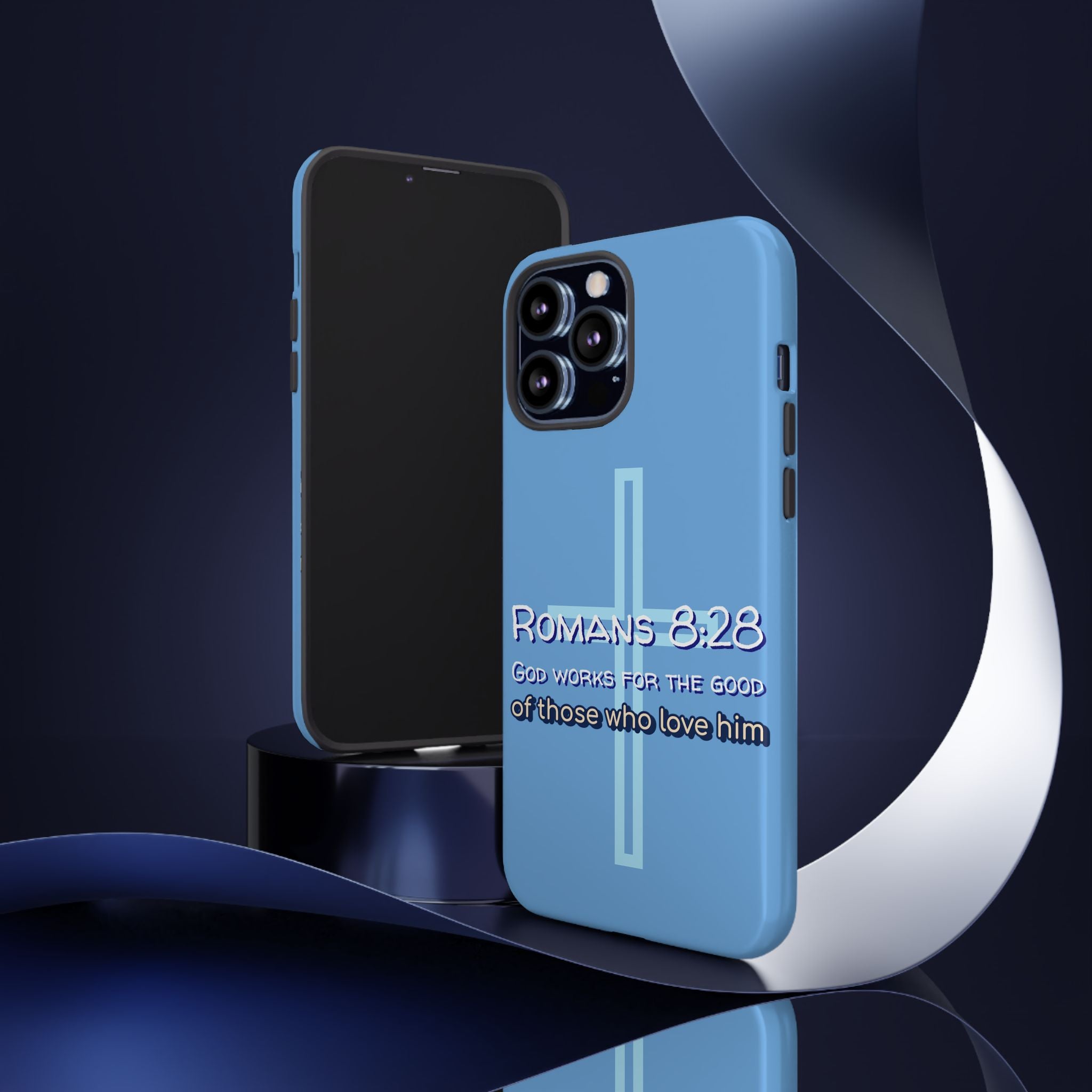 Light Blue iPhone series -Romans 8:28 God works for the Good of those who loves him. Tough Cases for Faith & Inspiration, Christian Gifts, Stylish Protection, Bible Verse Accessories