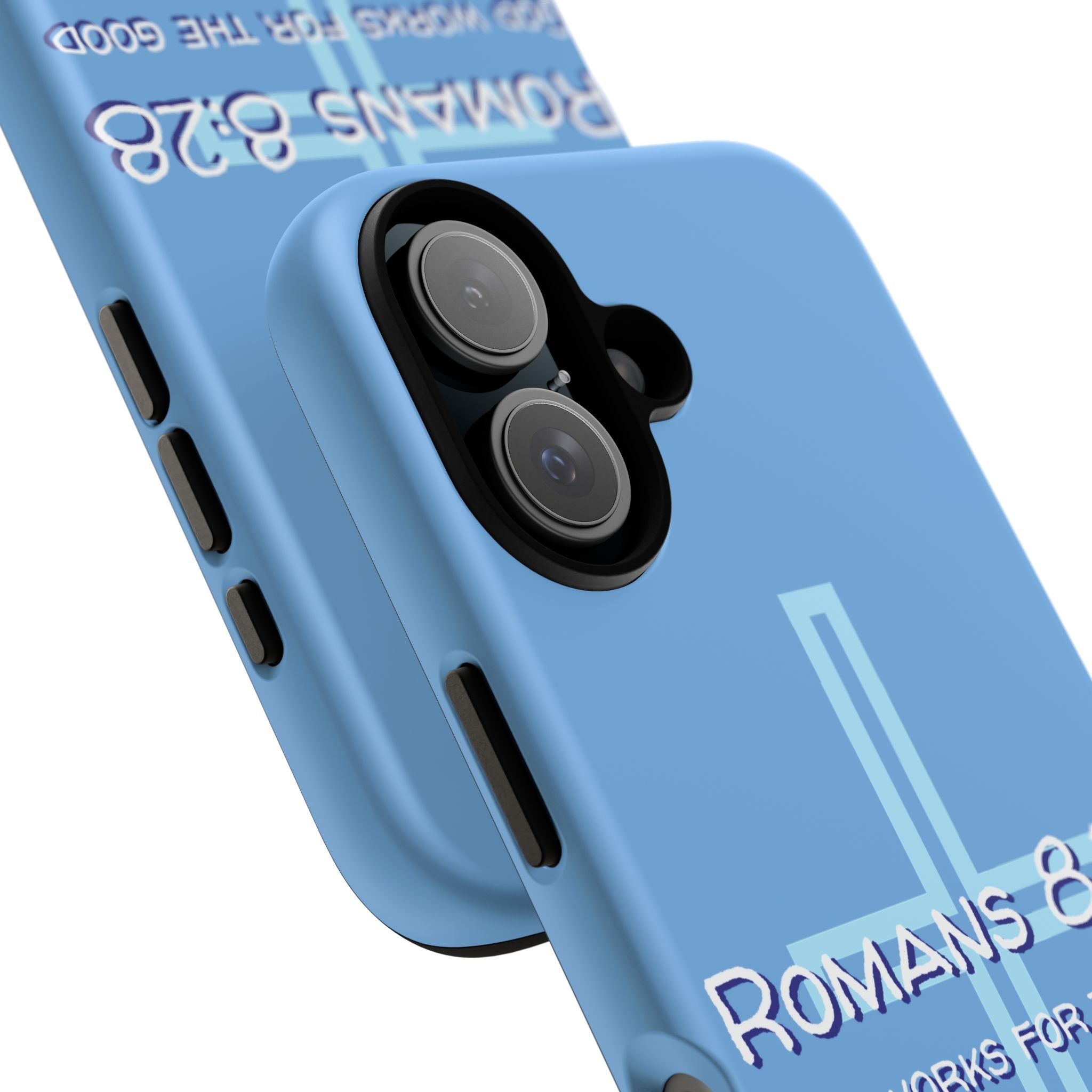 Light Blue iPhone series -Romans 8:28 God works for the Good of those who loves him. Tough Cases for Faith & Inspiration, Christian Gifts, Stylish Protection, Bible Verse Accessories