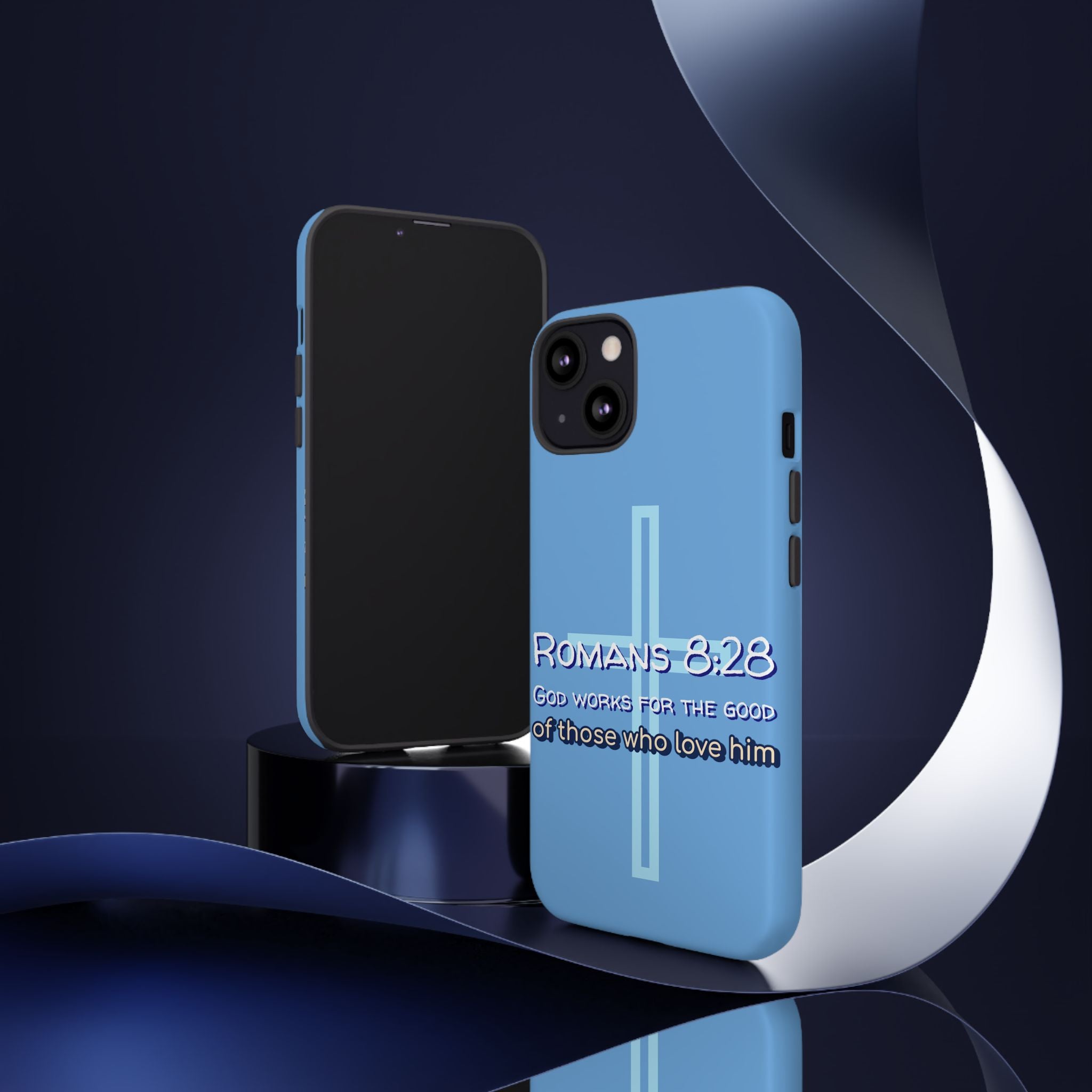 Light Blue iPhone series -Romans 8:28 God works for the Good of those who loves him. Tough Cases for Faith & Inspiration, Christian Gifts, Stylish Protection, Bible Verse Accessories