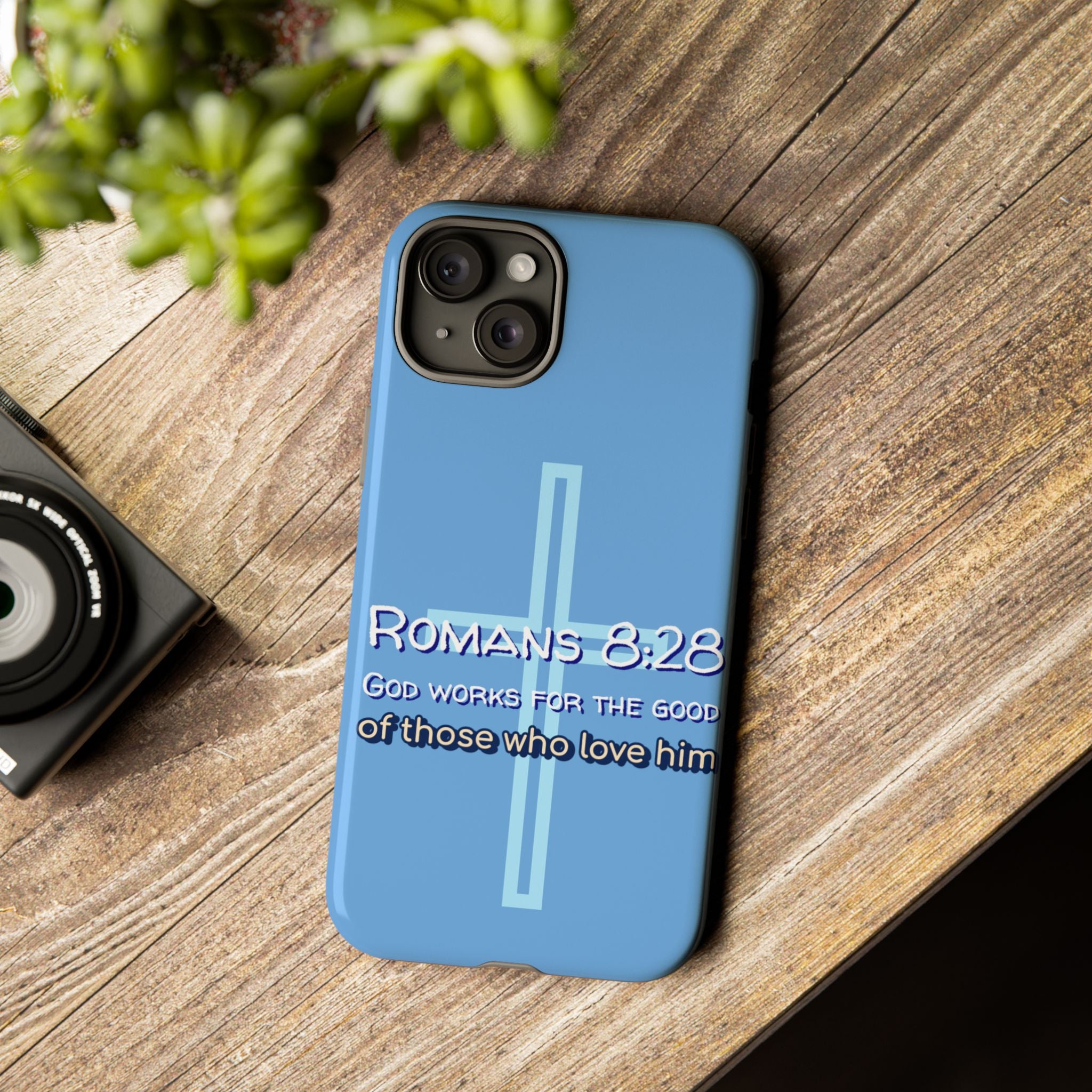 Light Blue iPhone series -Romans 8:28 God works for the Good of those who loves him. Tough Cases for Faith & Inspiration, Christian Gifts, Stylish Protection, Bible Verse Accessories