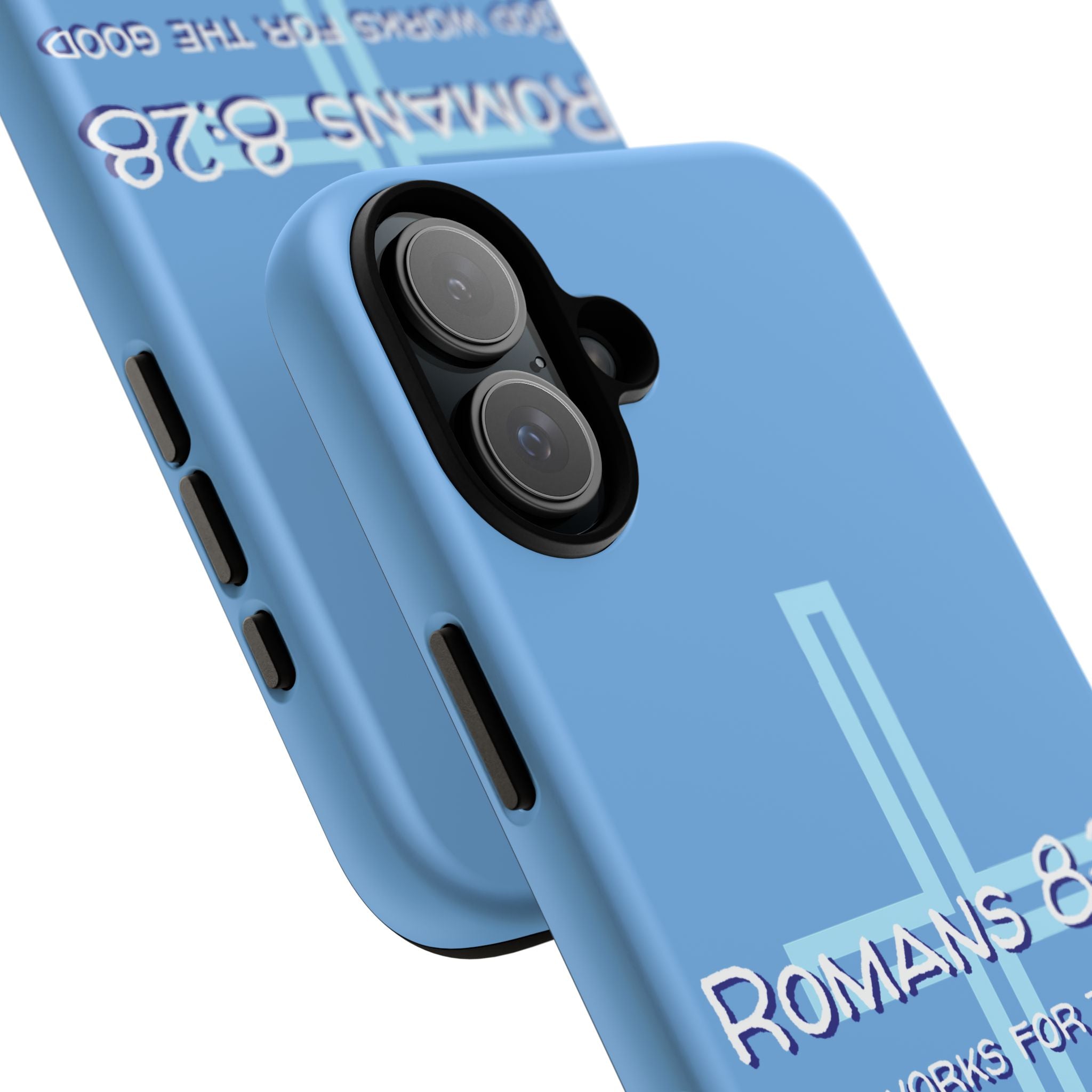 Light Blue iPhone series -Romans 8:28 God works for the Good of those who loves him. Tough Cases for Faith & Inspiration, Christian Gifts, Stylish Protection, Bible Verse Accessories