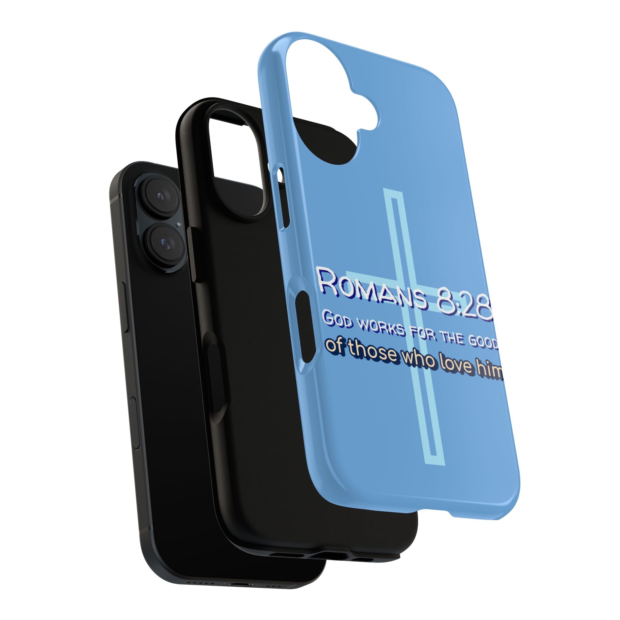 Light Blue iPhone series -Romans 8:28 God works for the Good of those who loves him. Tough Cases for Faith & Inspiration, Christian Gifts, Stylish Protection, Bible Verse Accessories
