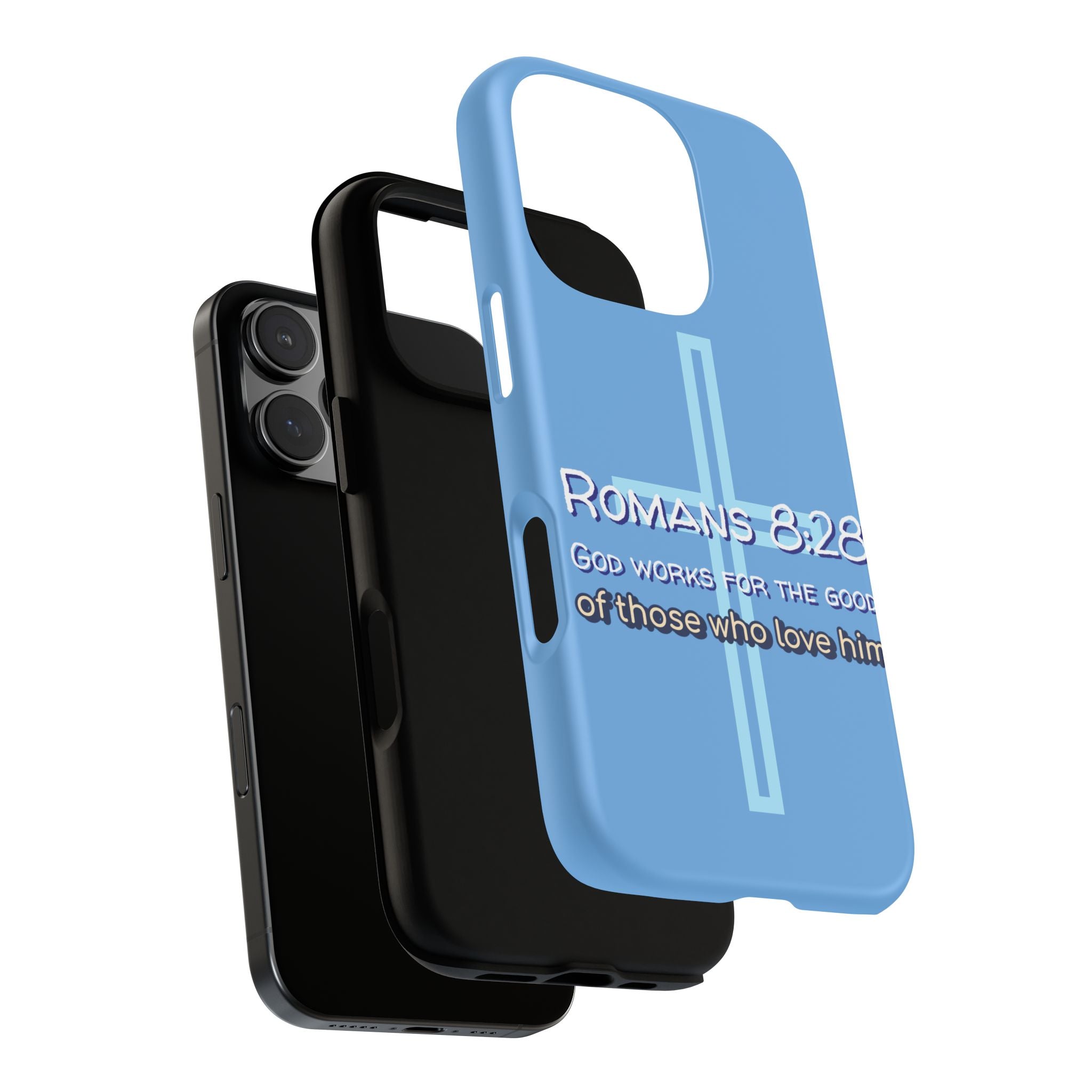 Light Blue iPhone series -Romans 8:28 God works for the Good of those who loves him. Tough Cases for Faith & Inspiration, Christian Gifts, Stylish Protection, Bible Verse Accessories