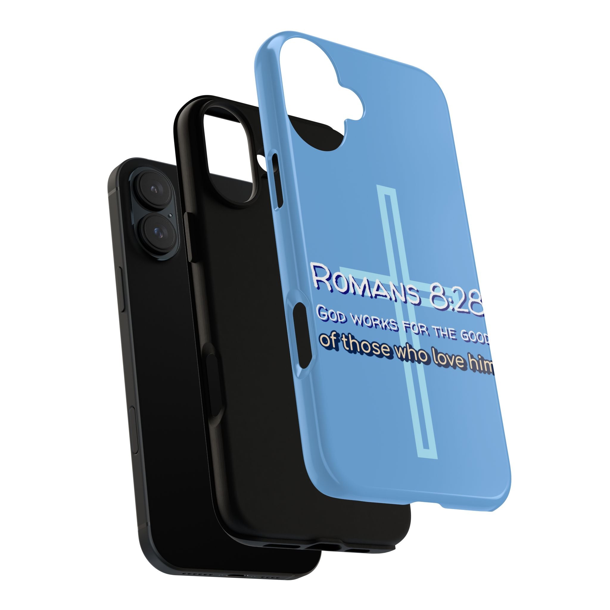 Light Blue iPhone series -Romans 8:28 God works for the Good of those who loves him. Tough Cases for Faith & Inspiration, Christian Gifts, Stylish Protection, Bible Verse Accessories