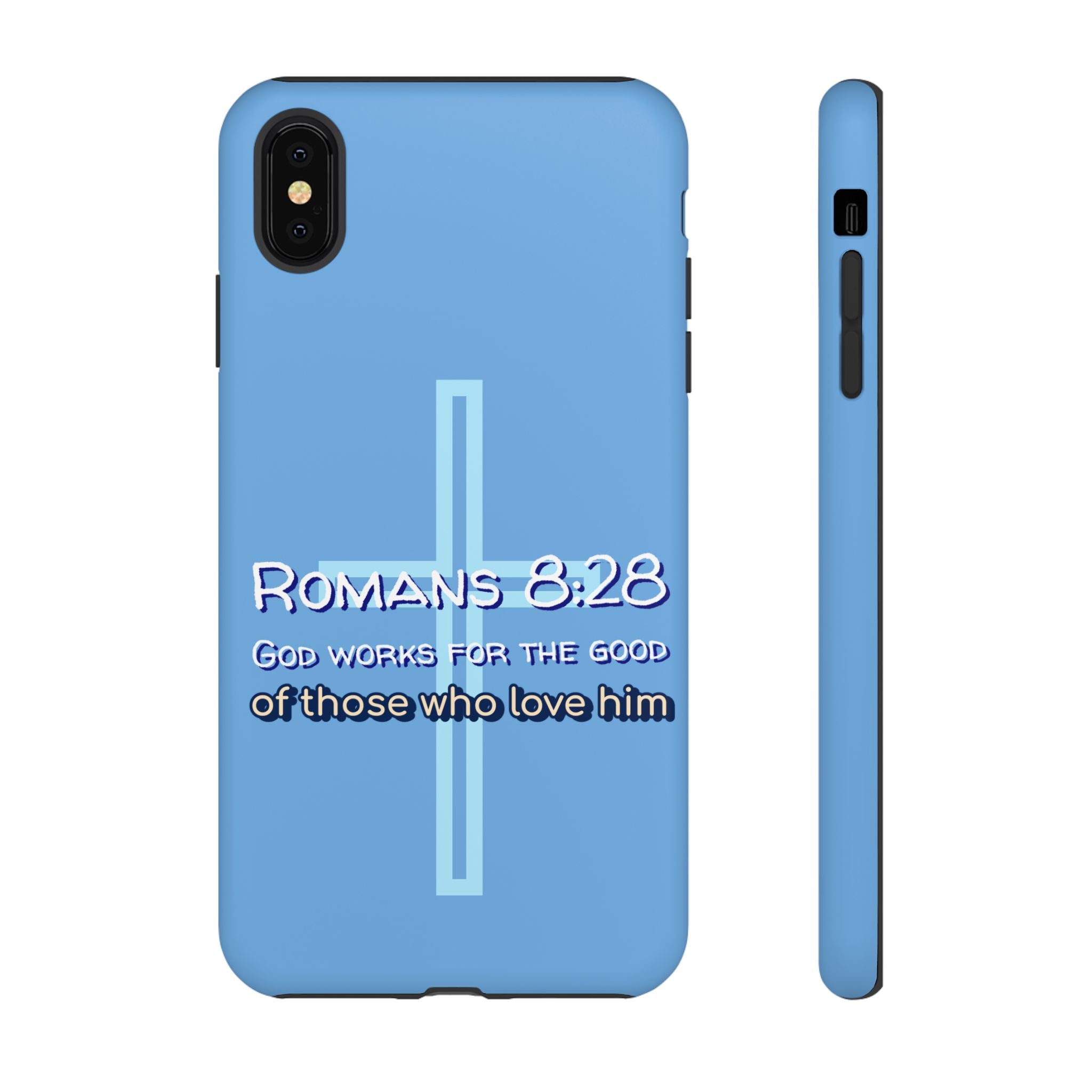 Light Blue iPhone series -Romans 8:28 God works for the Good of those who loves him. Tough Cases for Faith & Inspiration, Christian Gifts, Stylish Protection, Bible Verse Accessories