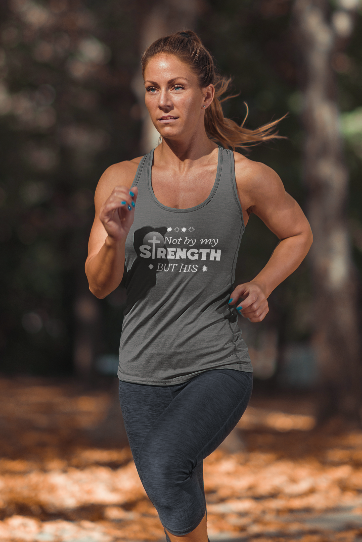 Workout Tank Top, Motivational Gym Wear Not by my strength but Jesus Bible Verse in Blue, Shirt, Fitness Apparel, Women's Racerback, Biblical Quote Top