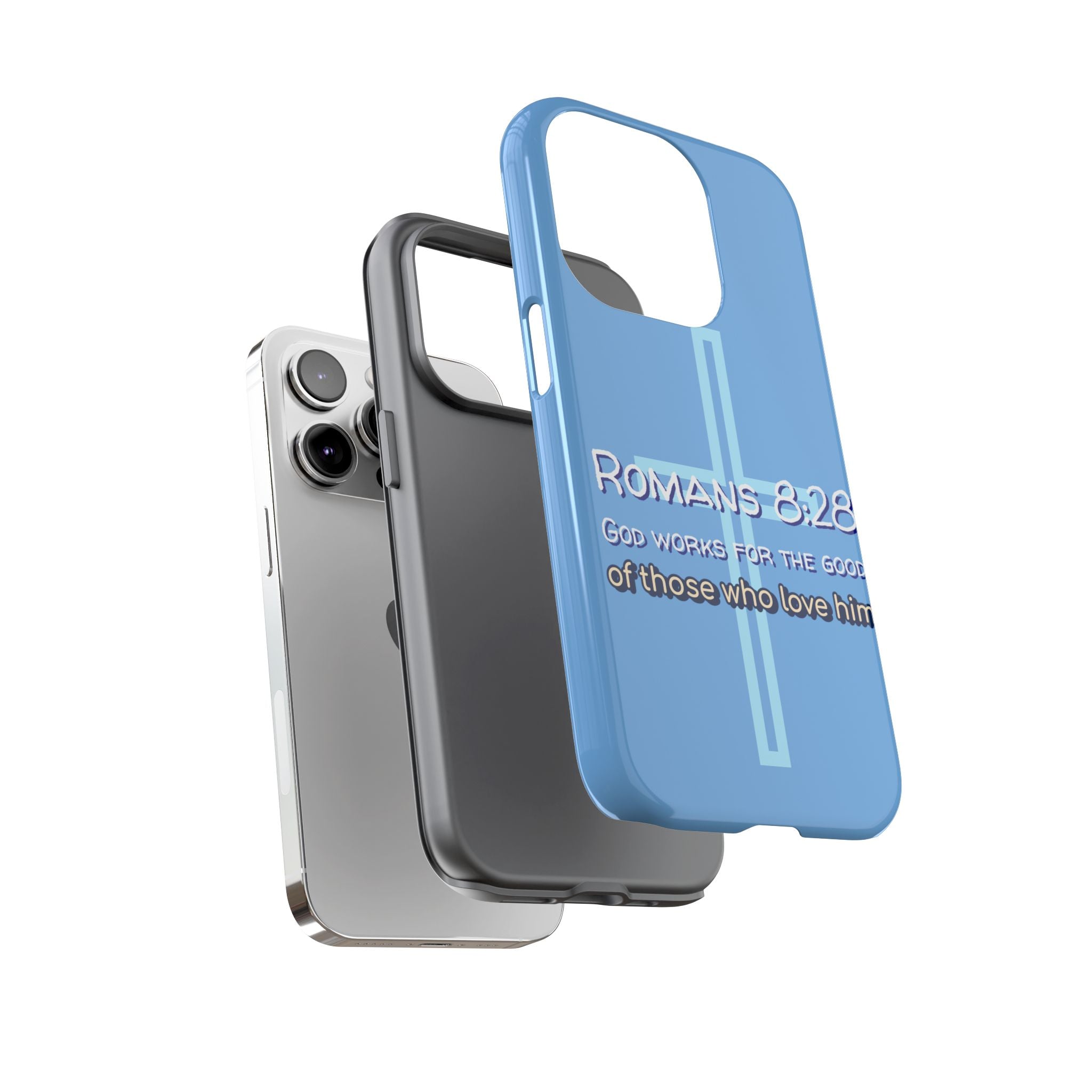 Light Blue iPhone series -Romans 8:28 God works for the Good of those who loves him. Tough Cases for Faith & Inspiration, Christian Gifts, Stylish Protection, Bible Verse Accessories