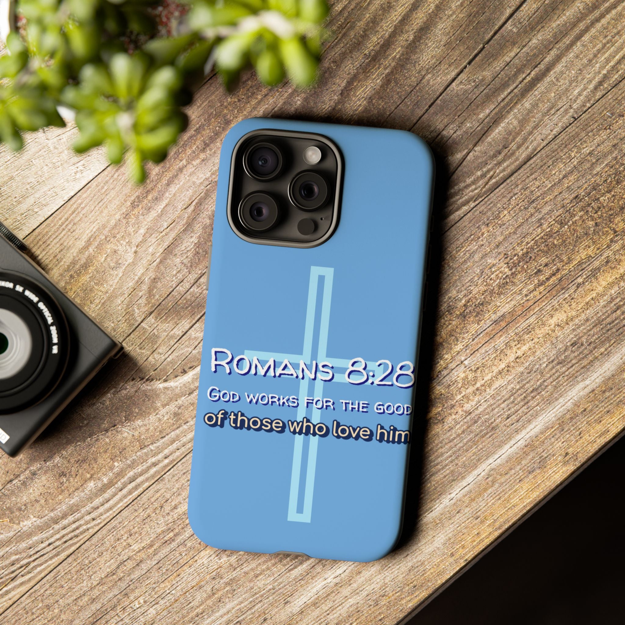Light Blue iPhone series -Romans 8:28 God works for the Good of those who loves him. Tough Cases for Faith & Inspiration, Christian Gifts, Stylish Protection, Bible Verse Accessories