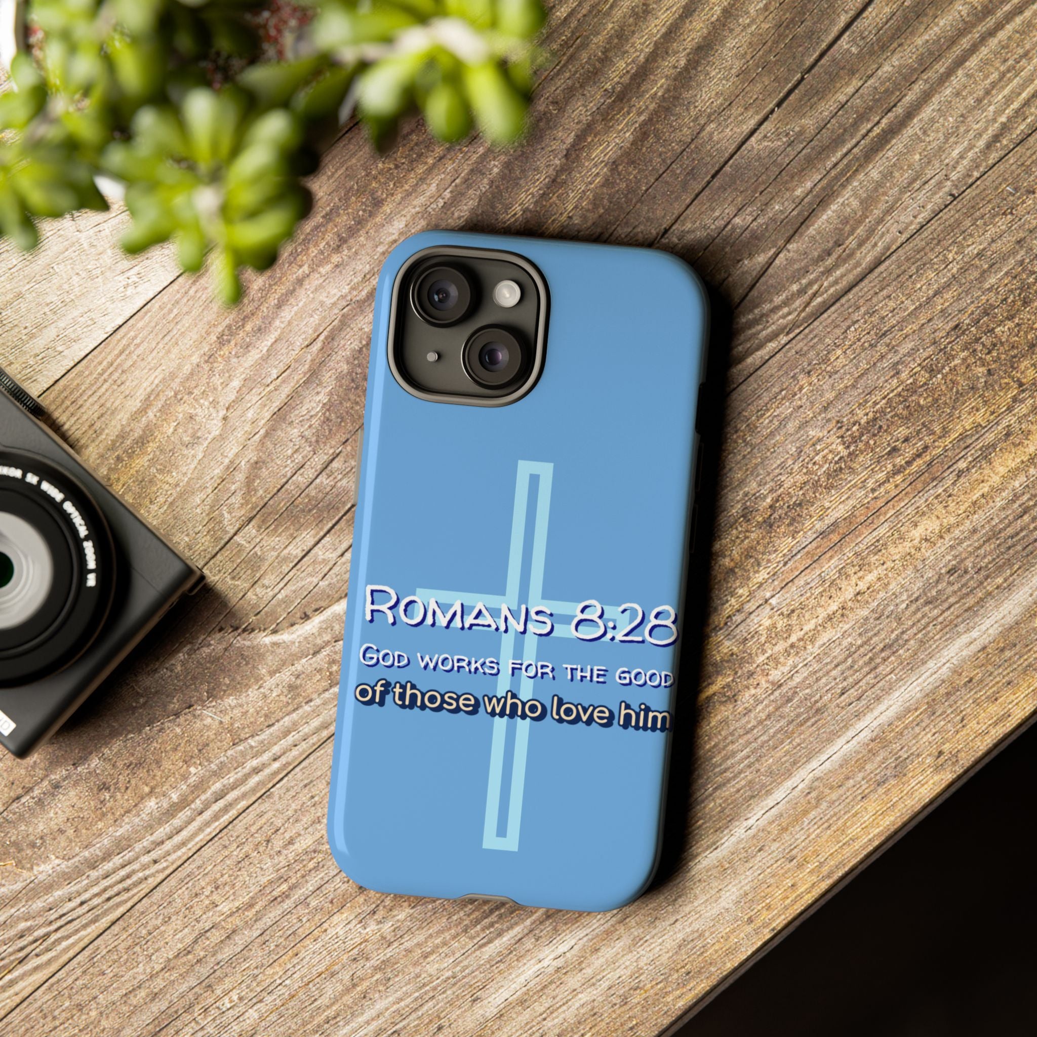 Light Blue iPhone series -Romans 8:28 God works for the Good of those who loves him. Tough Cases for Faith & Inspiration, Christian Gifts, Stylish Protection, Bible Verse Accessories