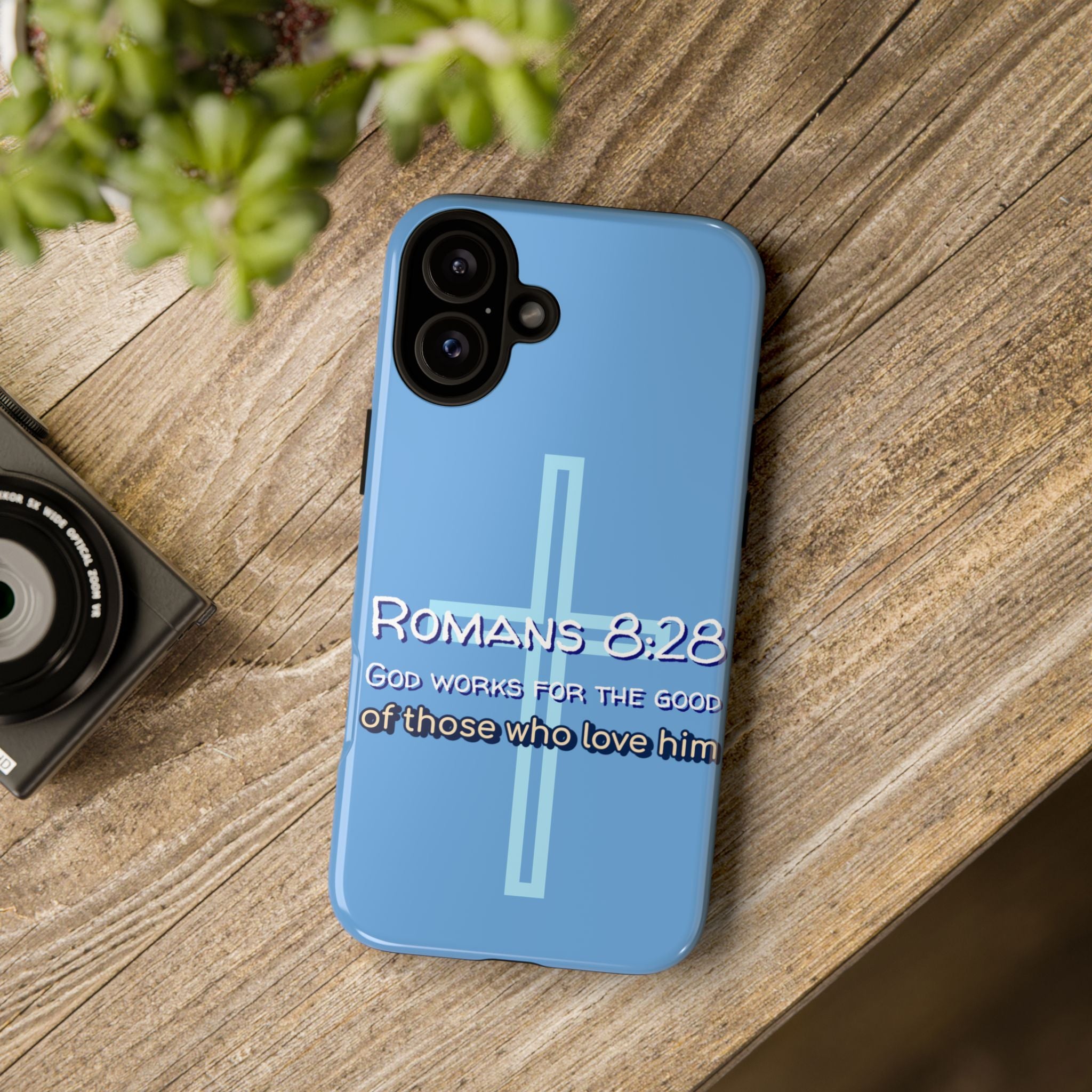 Light Blue iPhone series -Romans 8:28 God works for the Good of those who loves him. Tough Cases for Faith & Inspiration, Christian Gifts, Stylish Protection, Bible Verse Accessories