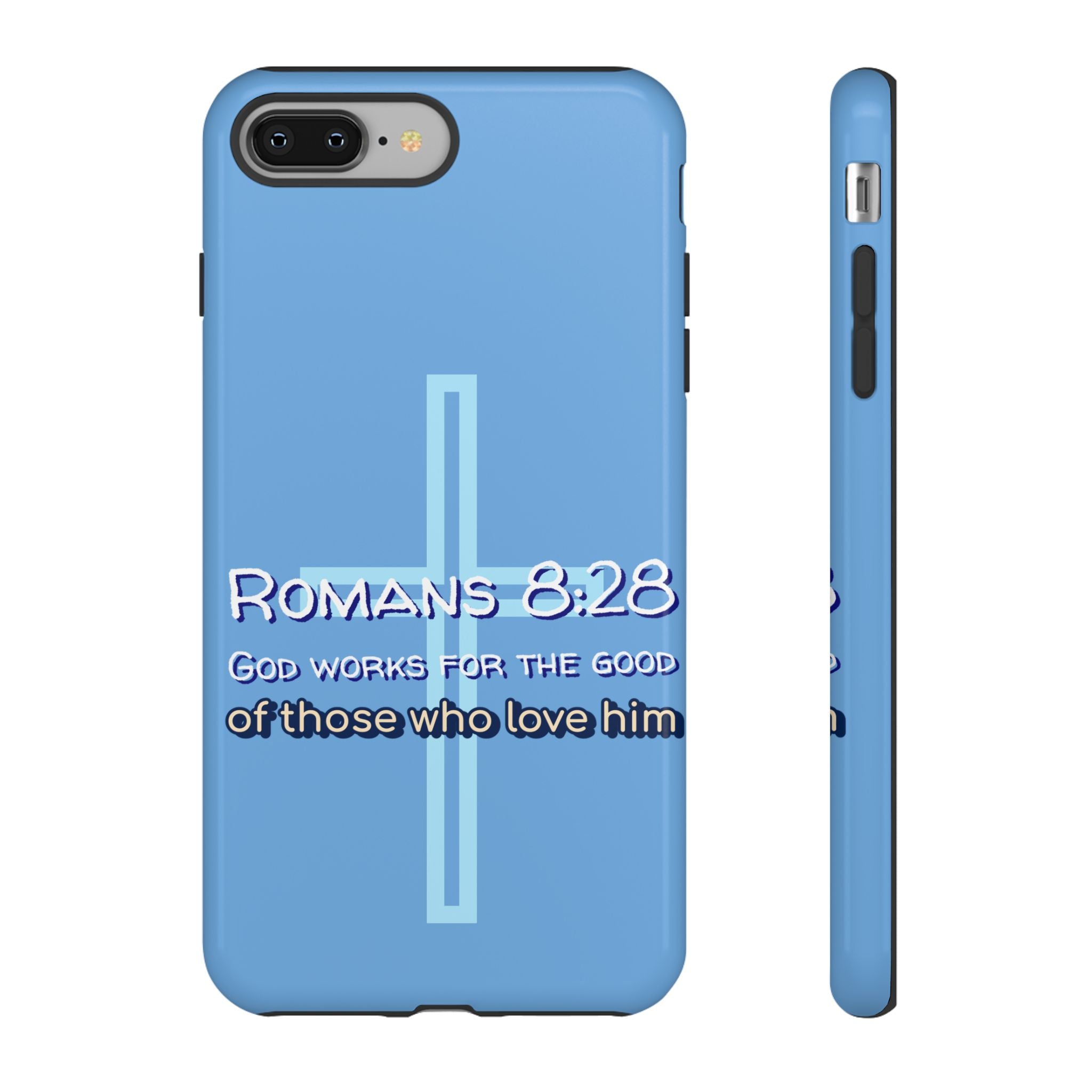 Light Blue iPhone series -Romans 8:28 God works for the Good of those who loves him. Tough Cases for Faith & Inspiration, Christian Gifts, Stylish Protection, Bible Verse Accessories