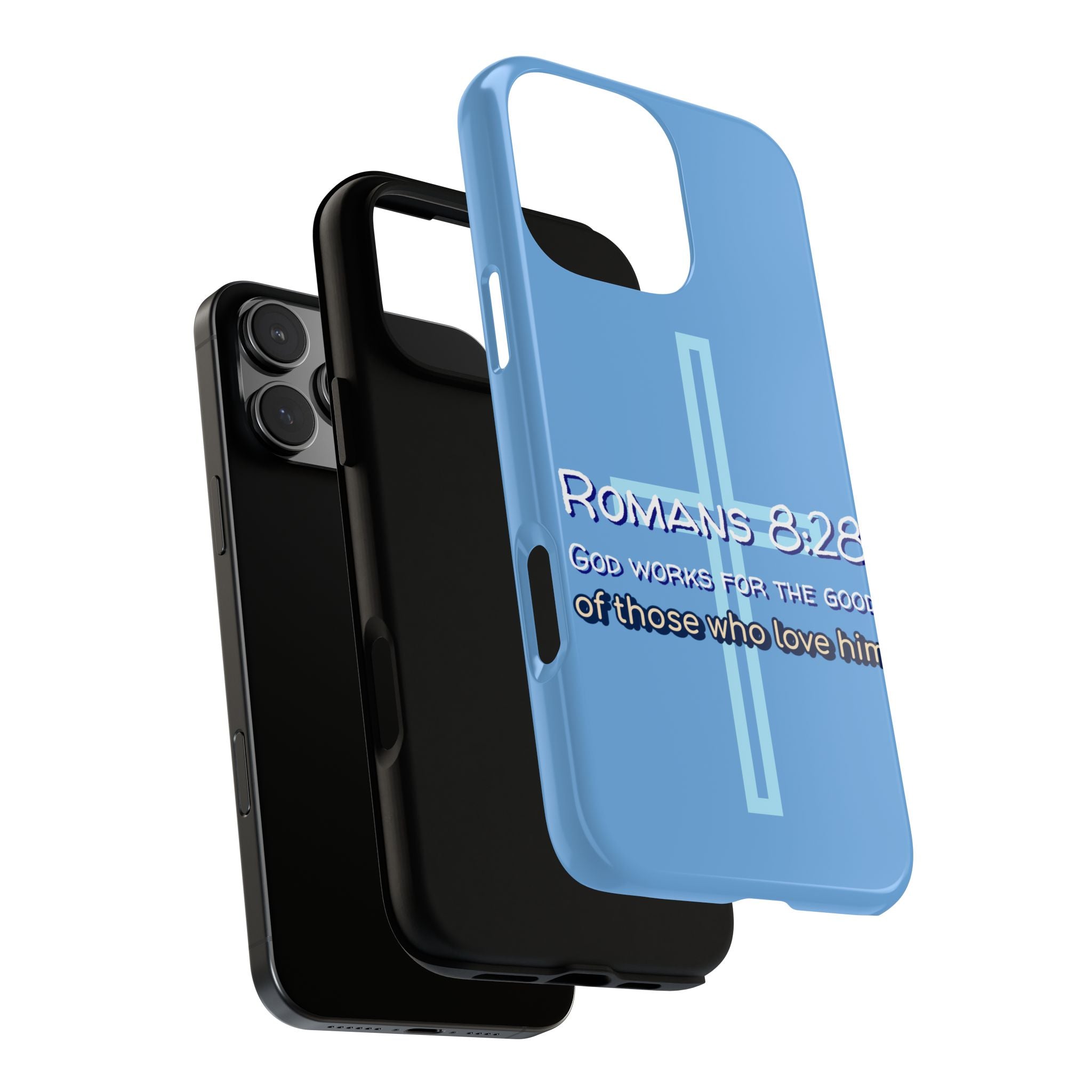 Light Blue iPhone series -Romans 8:28 God works for the Good of those who loves him. Tough Cases for Faith & Inspiration, Christian Gifts, Stylish Protection, Bible Verse Accessories