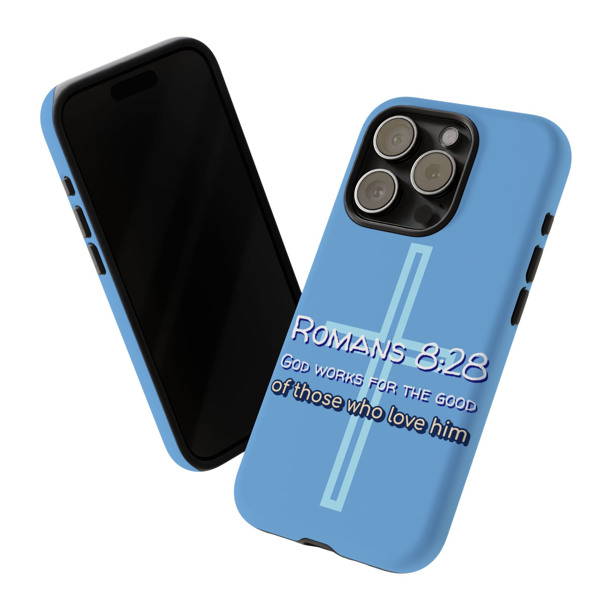 Light Blue iPhone series -Romans 8:28 God works for the Good of those who loves him. Tough Cases for Faith & Inspiration, Christian Gifts, Stylish Protection, Bible Verse Accessories
