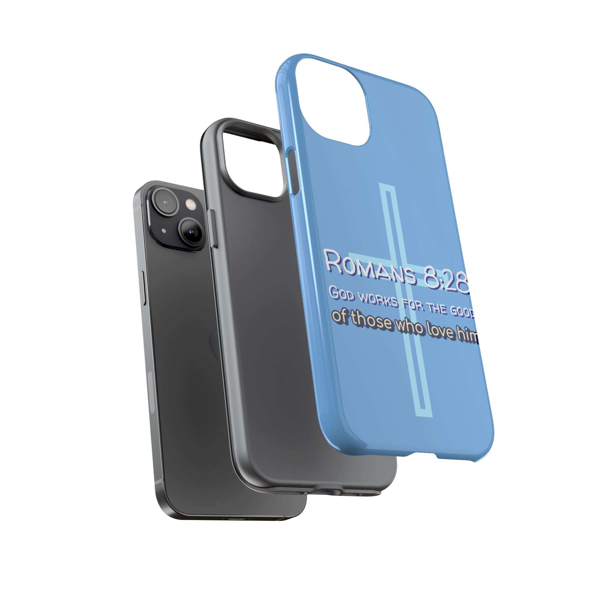 Light Blue iPhone series -Romans 8:28 God works for the Good of those who loves him. Tough Cases for Faith & Inspiration, Christian Gifts, Stylish Protection, Bible Verse Accessories