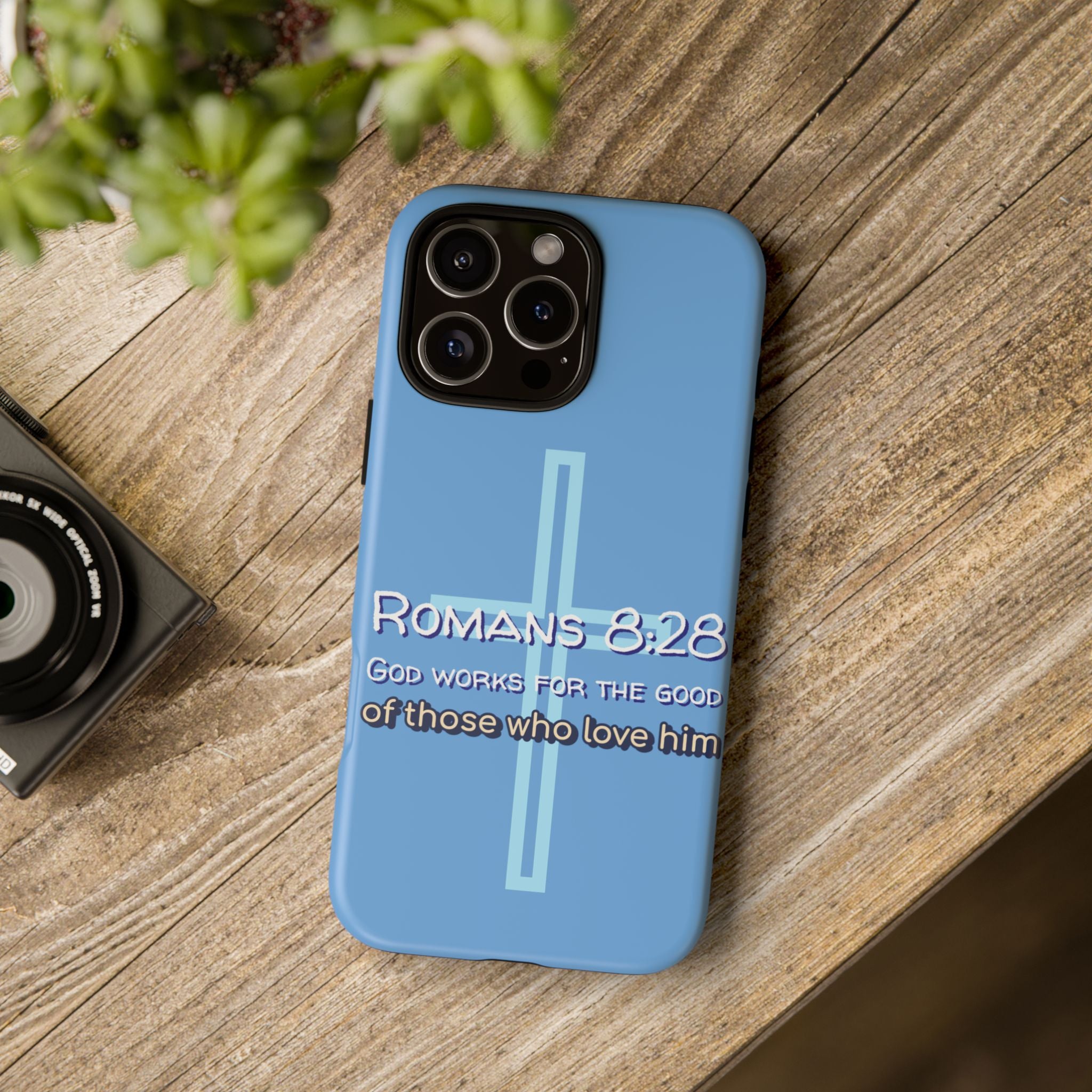 Light Blue iPhone series -Romans 8:28 God works for the Good of those who loves him. Tough Cases for Faith & Inspiration, Christian Gifts, Stylish Protection, Bible Verse Accessories