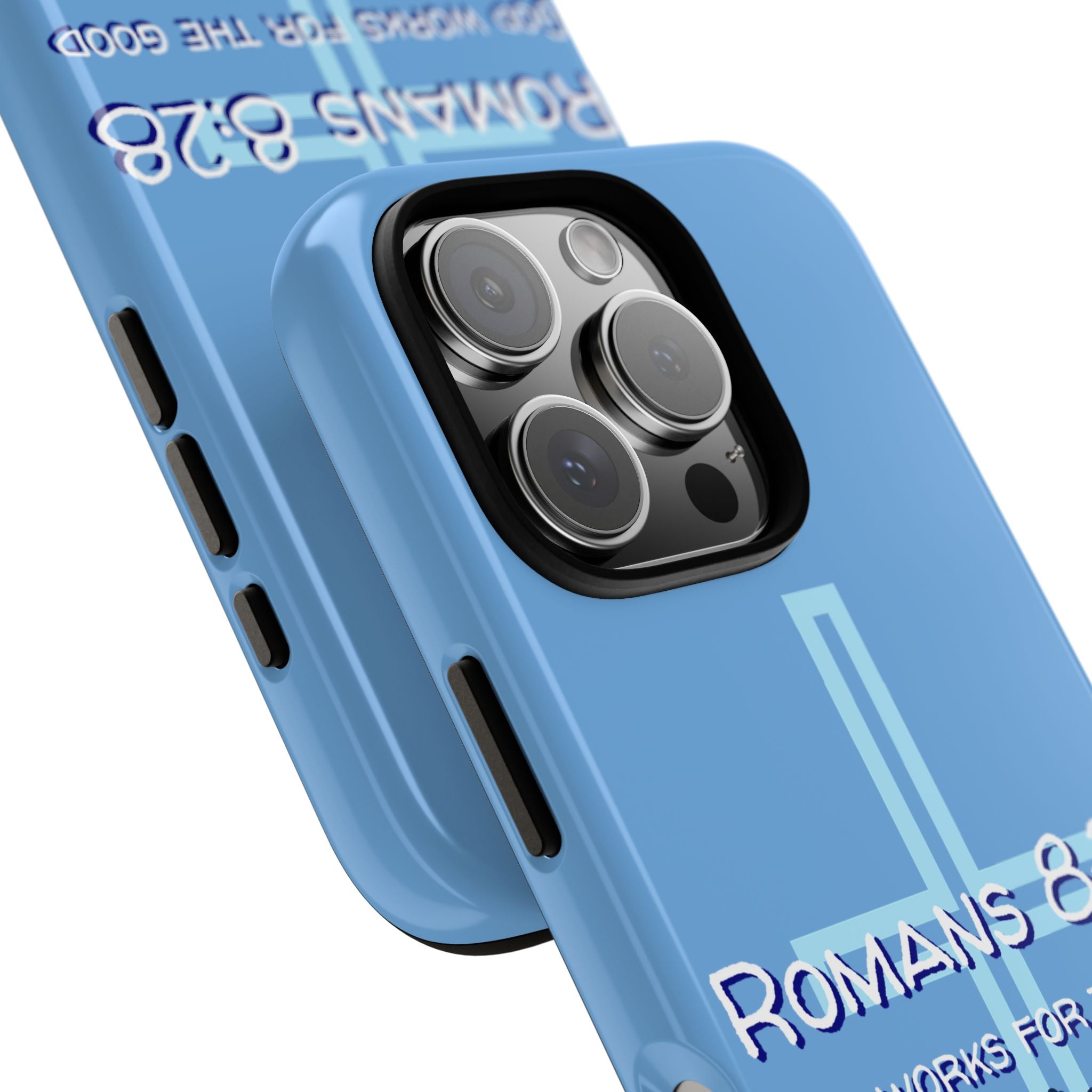 Light Blue iPhone series -Romans 8:28 God works for the Good of those who loves him. Tough Cases for Faith & Inspiration, Christian Gifts, Stylish Protection, Bible Verse Accessories