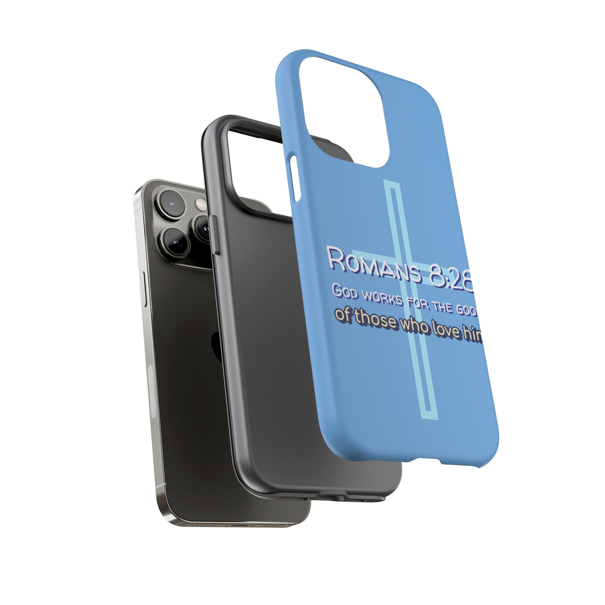 Light Blue iPhone series -Romans 8:28 God works for the Good of those who loves him. Tough Cases for Faith & Inspiration, Christian Gifts, Stylish Protection, Bible Verse Accessories
