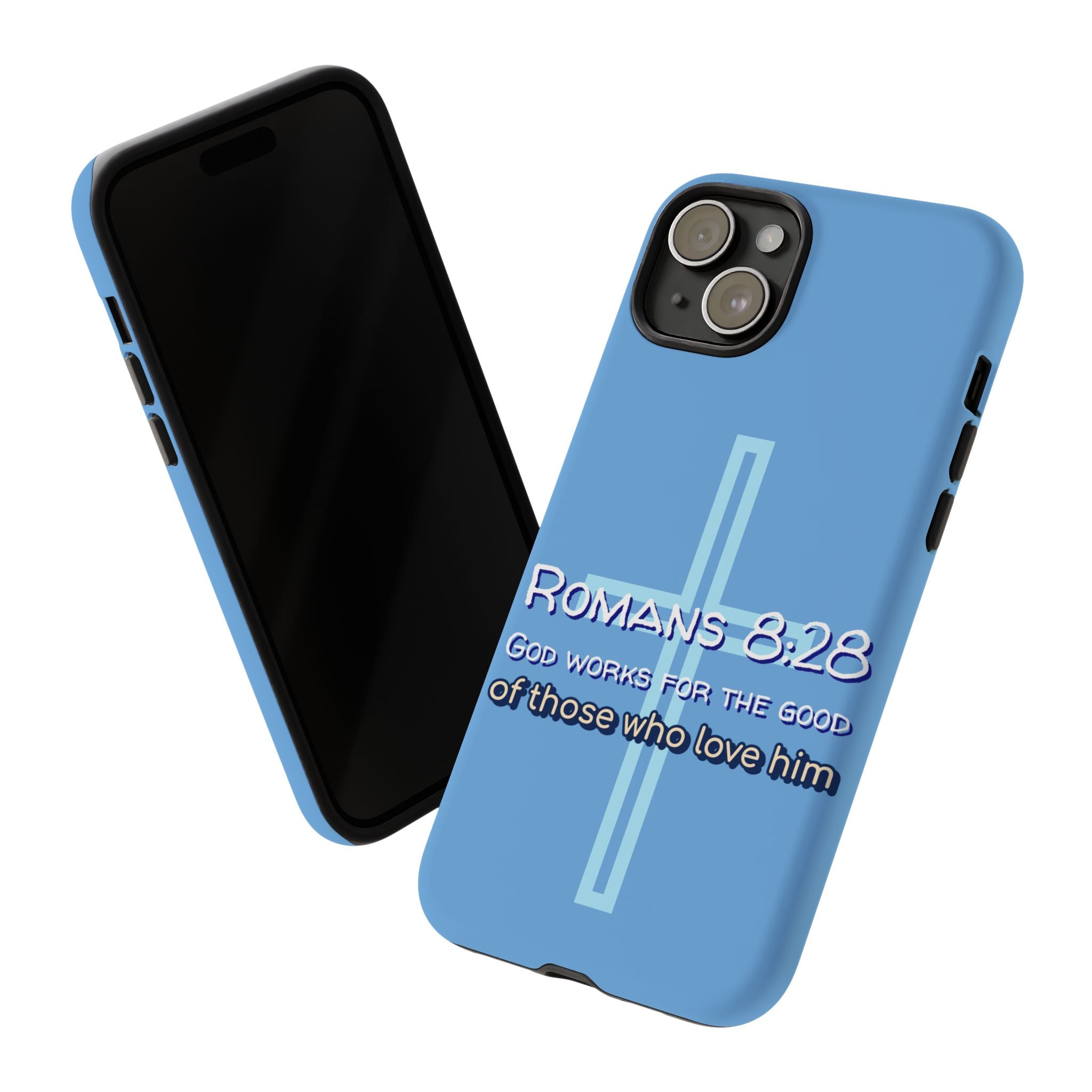 Light Blue iPhone series -Romans 8:28 God works for the Good of those who loves him. Tough Cases for Faith & Inspiration, Christian Gifts, Stylish Protection, Bible Verse Accessories