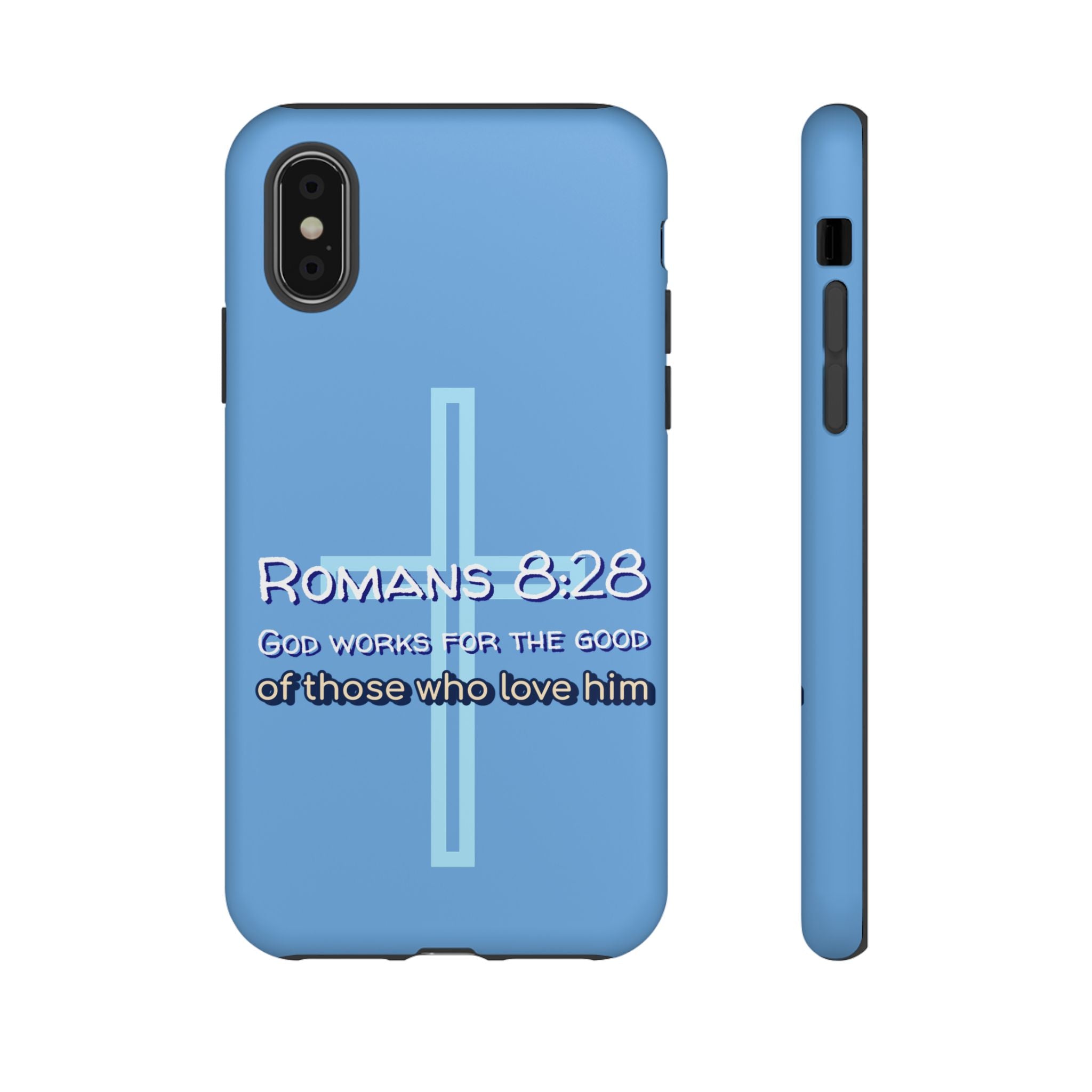 Light Blue iPhone series -Romans 8:28 God works for the Good of those who loves him. Tough Cases for Faith & Inspiration, Christian Gifts, Stylish Protection, Bible Verse Accessories