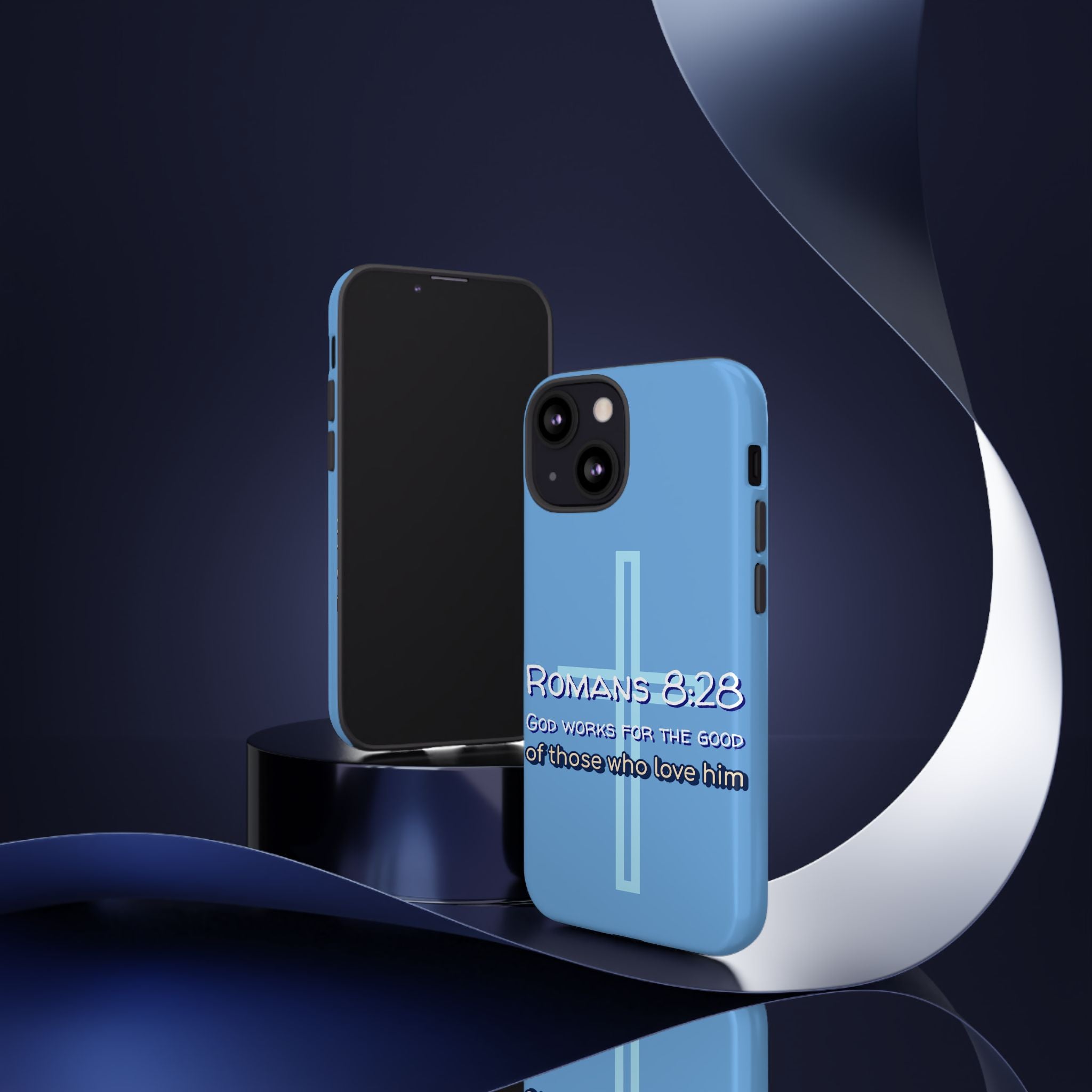 Light Blue iPhone series -Romans 8:28 God works for the Good of those who loves him. Tough Cases for Faith & Inspiration, Christian Gifts, Stylish Protection, Bible Verse Accessories
