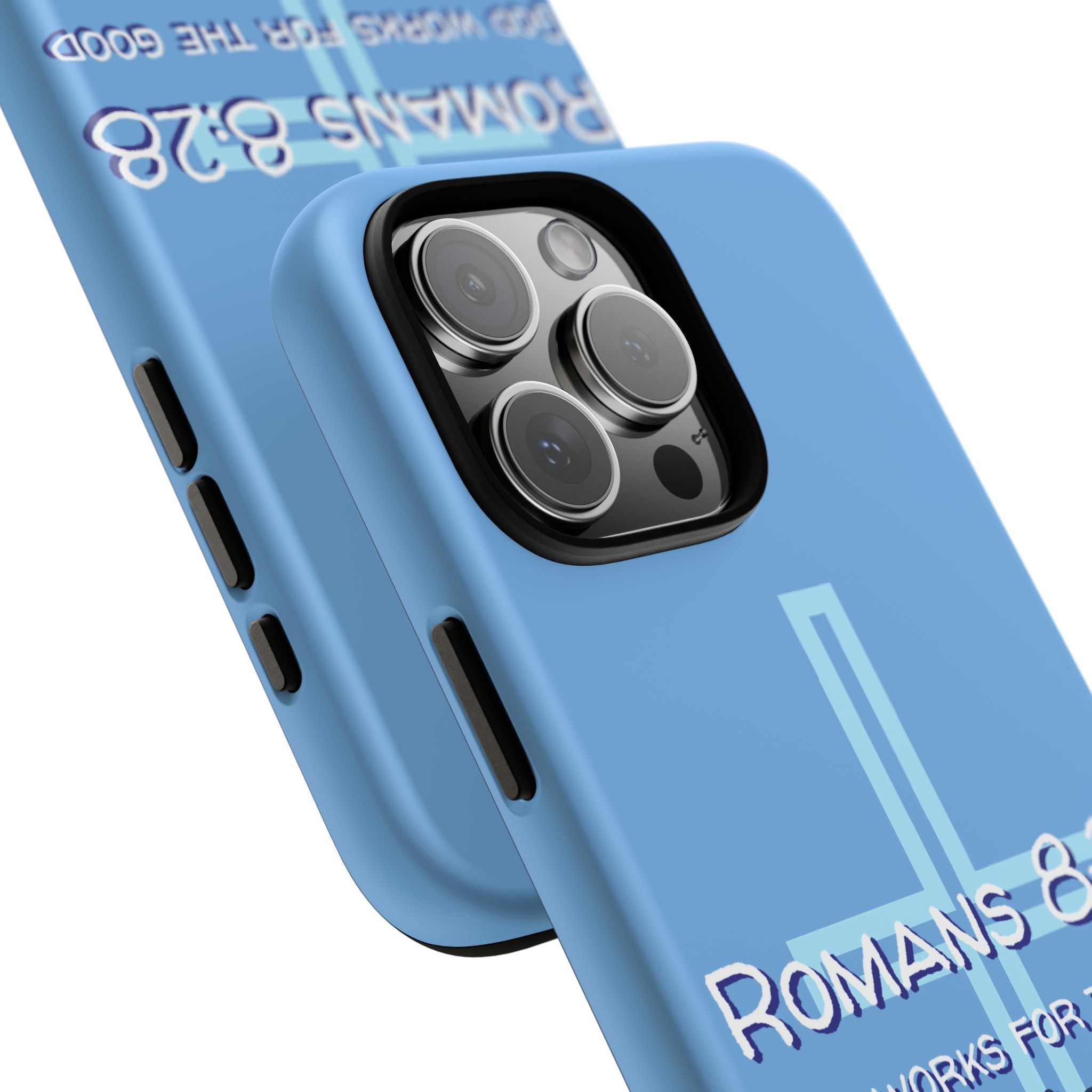 Light Blue iPhone series -Romans 8:28 God works for the Good of those who loves him. Tough Cases for Faith & Inspiration, Christian Gifts, Stylish Protection, Bible Verse Accessories