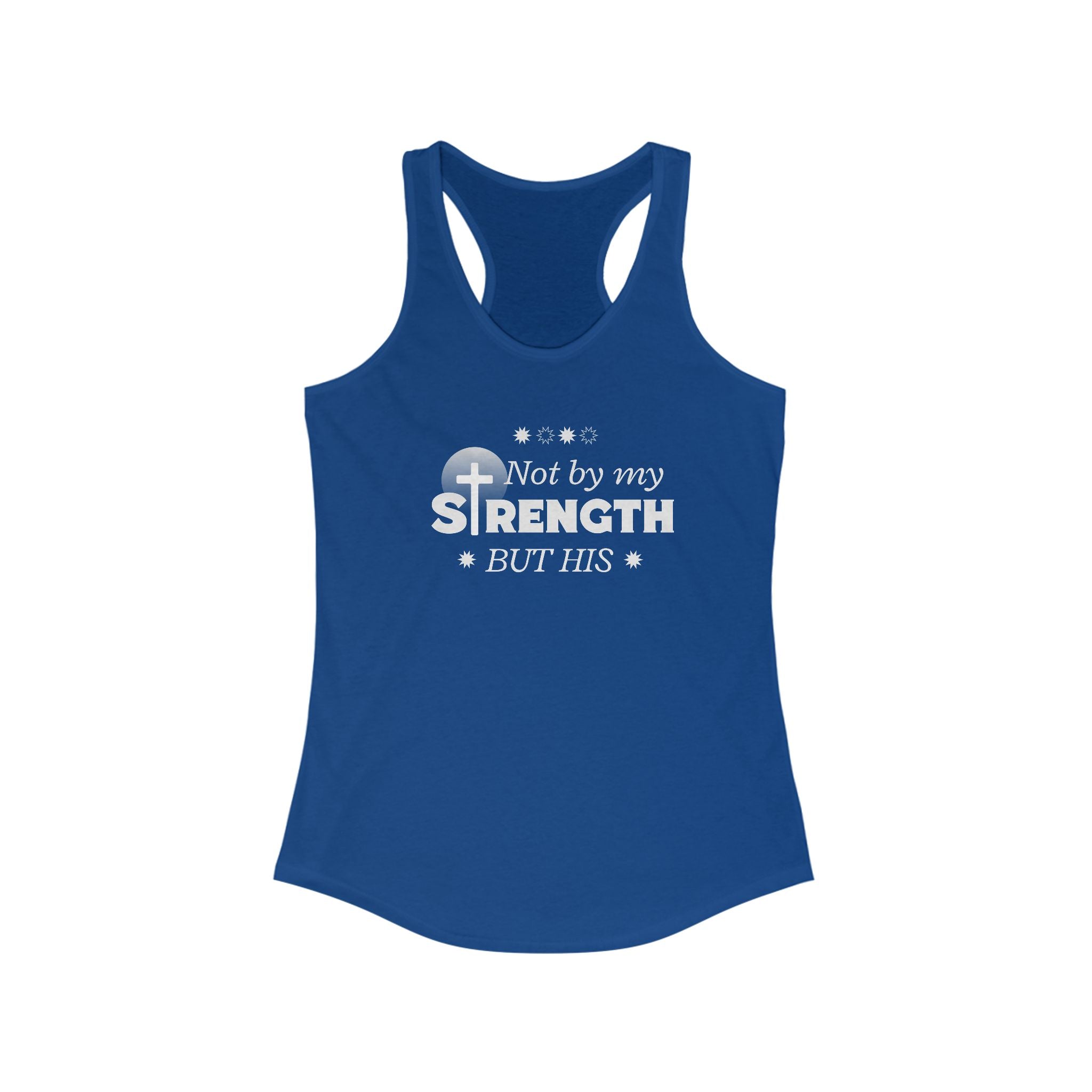 Workout Tank Top, Motivational Gym Wear Not by my strength but Jesus Bible Verse in Blue, Shirt, Fitness Apparel, Women's Racerback, Biblical Quote Top