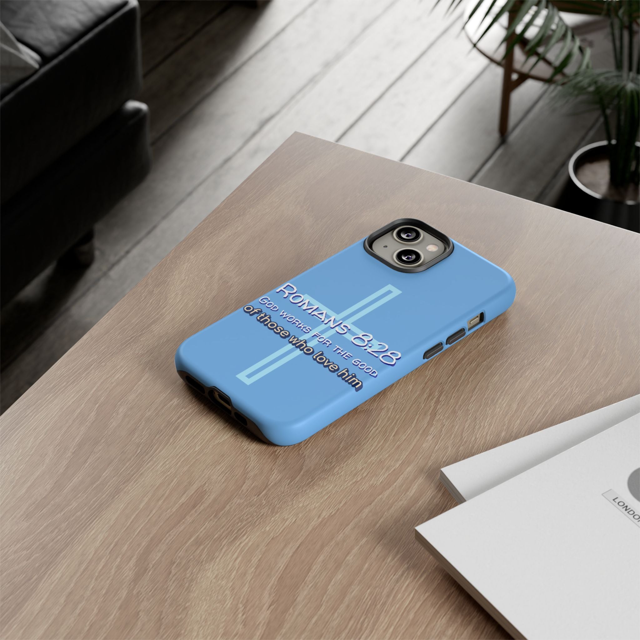 Light Blue iPhone series -Romans 8:28 God works for the Good of those who loves him. Tough Cases for Faith & Inspiration, Christian Gifts, Stylish Protection, Bible Verse Accessories