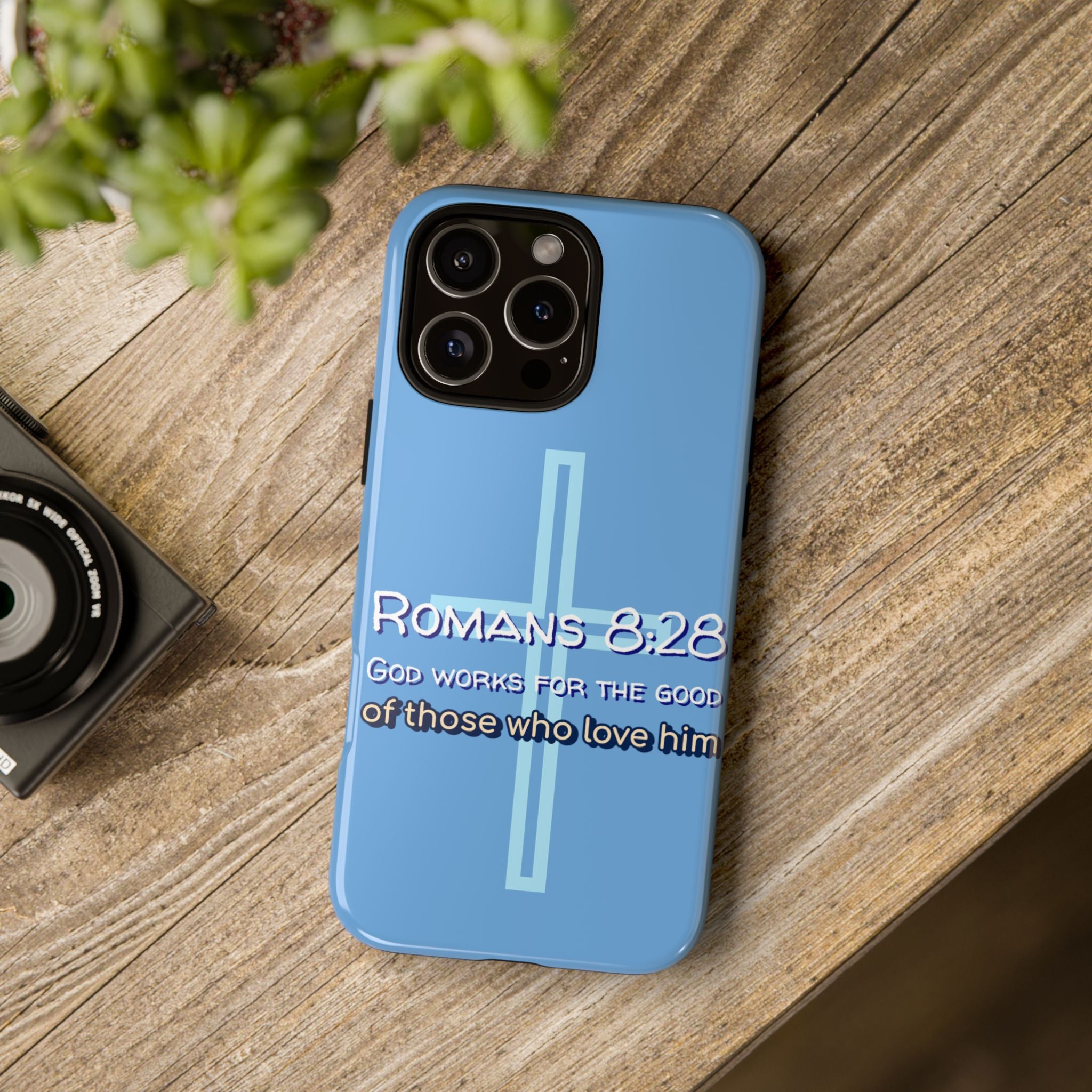 Light Blue iPhone series -Romans 8:28 God works for the Good of those who loves him. Tough Cases for Faith & Inspiration, Christian Gifts, Stylish Protection, Bible Verse Accessories