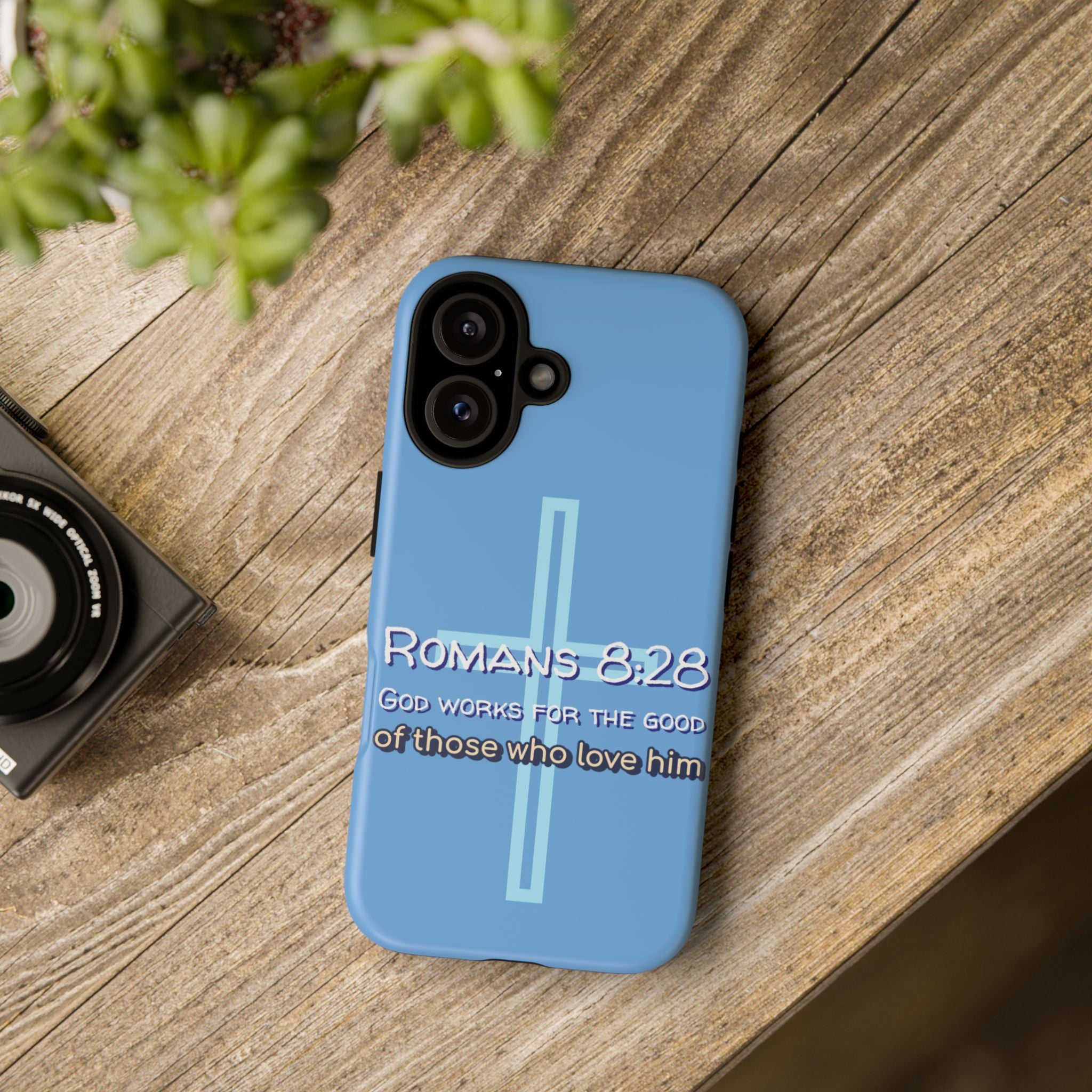 Light Blue iPhone series -Romans 8:28 God works for the Good of those who loves him. Tough Cases for Faith & Inspiration, Christian Gifts, Stylish Protection, Bible Verse Accessories