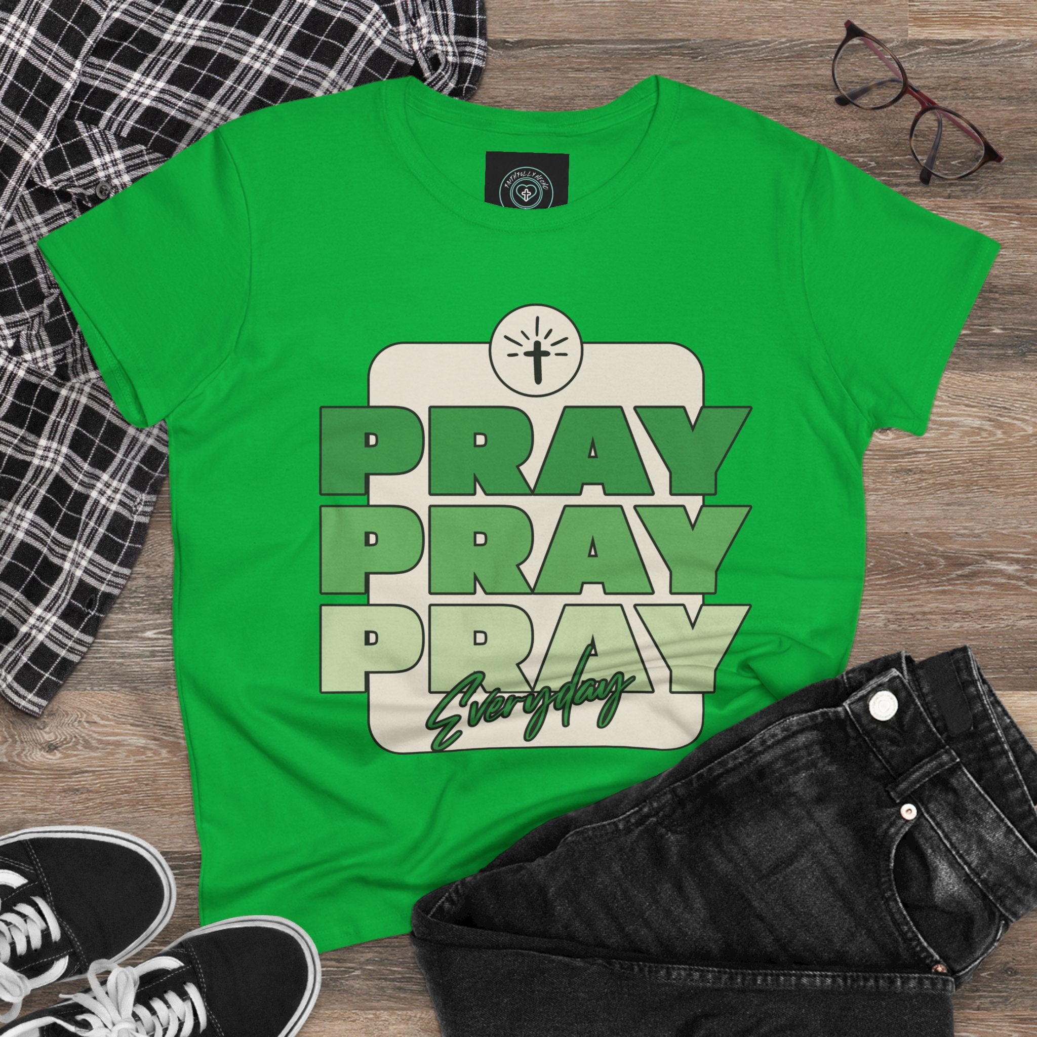 Pray Inspirational Women's Tee, Casual Faith Shirt, Everyday Affirmation Top, Pray Pray Green Graphic Tee, Gift for Her
