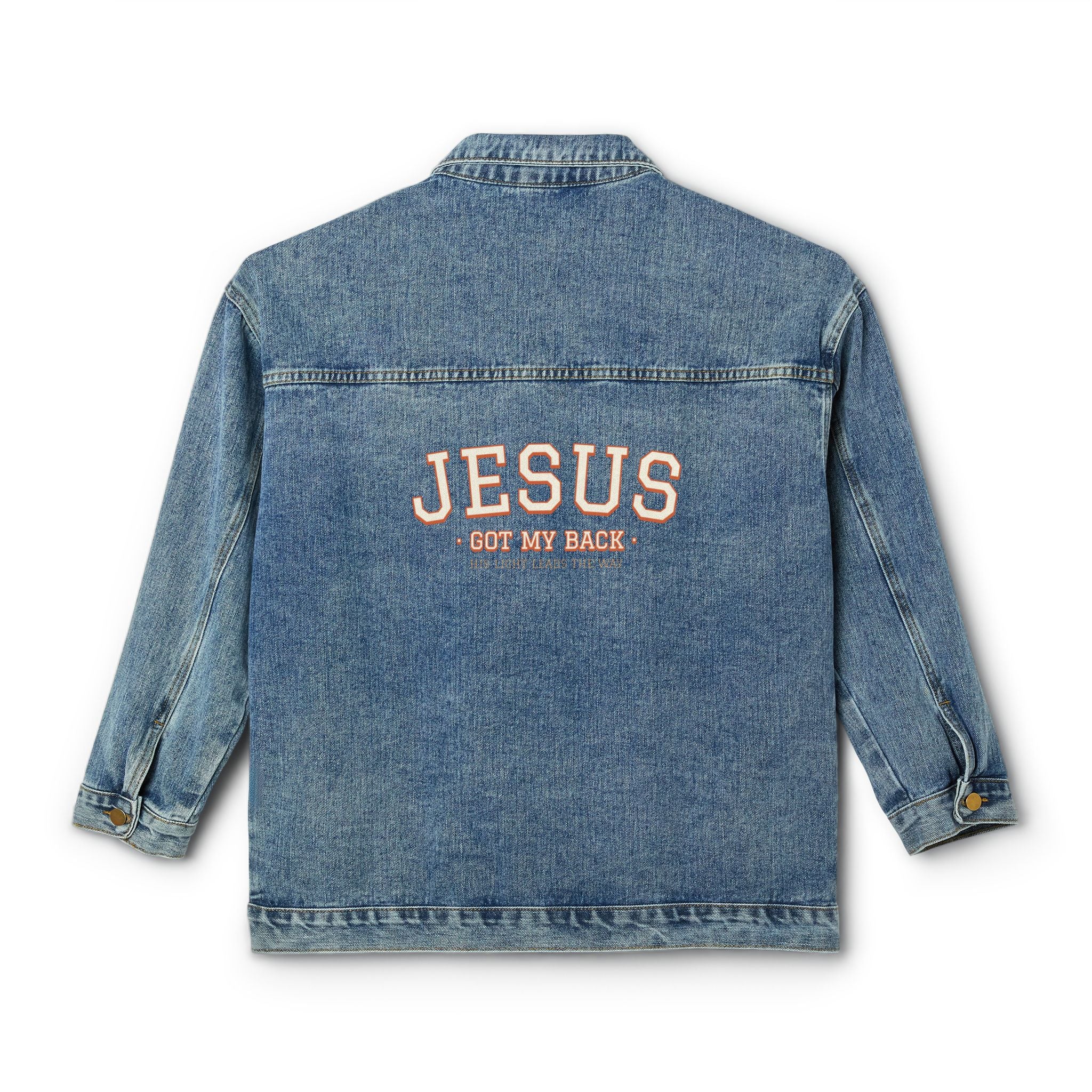 Trendy Women's Denim Jacket with 'Jesus got my back' Design, Gift for Faith Lovers, Spring Fashion | Personalization Available