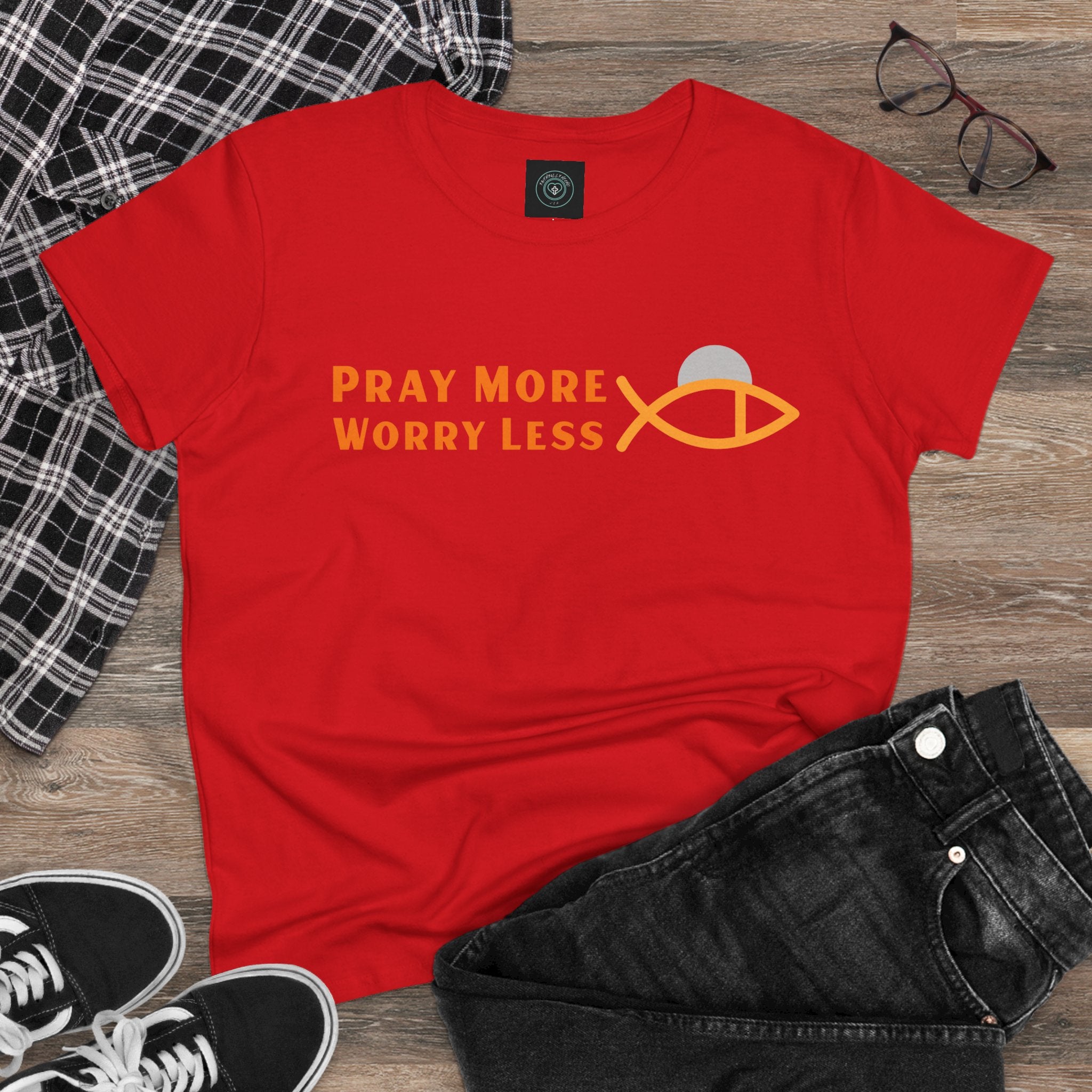 Cotton Tee for Ladies - Pray More Worry Less - Semi-fitted