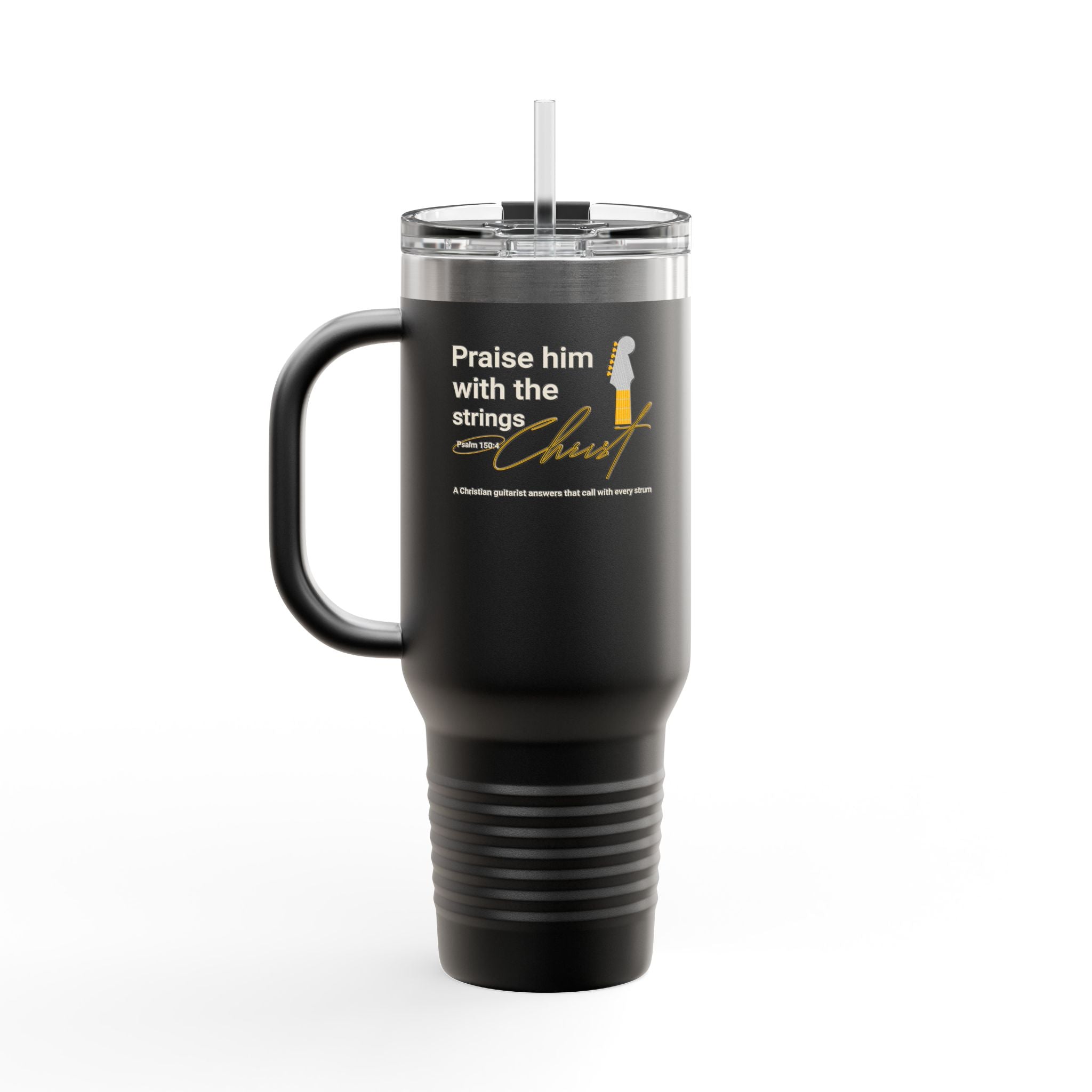 Personalized Insulated Travel Mug. Insulated Travel Mug with Inspirational Quote Praise God with the strings. Perfect Gift for Travelers & Those on the Go or a guitar player.