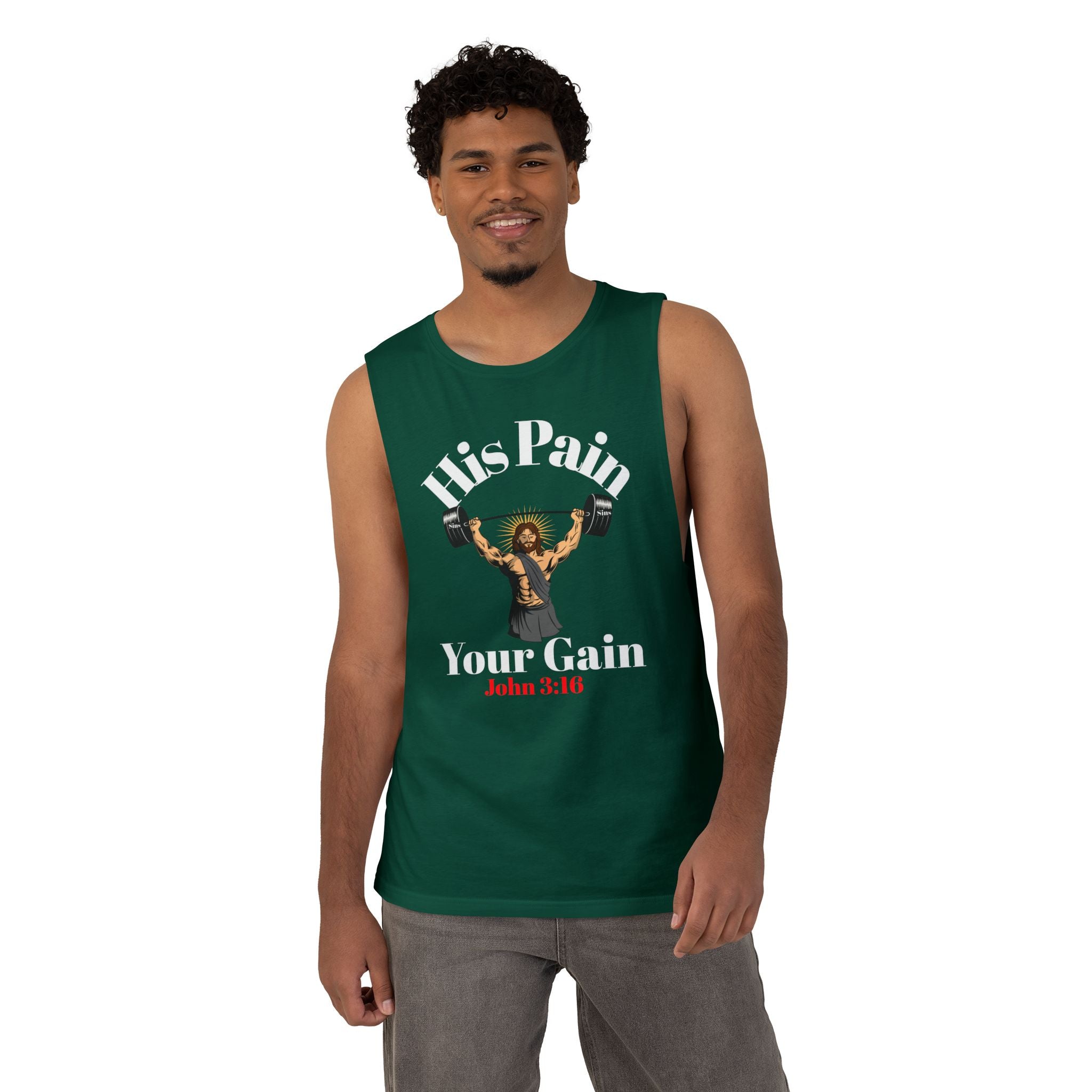 His Pain, Your Gain – Christian Workout Tank – Unisex Faith & Fitness Gym Apparel- Gym Summer - Faithfully Hecho