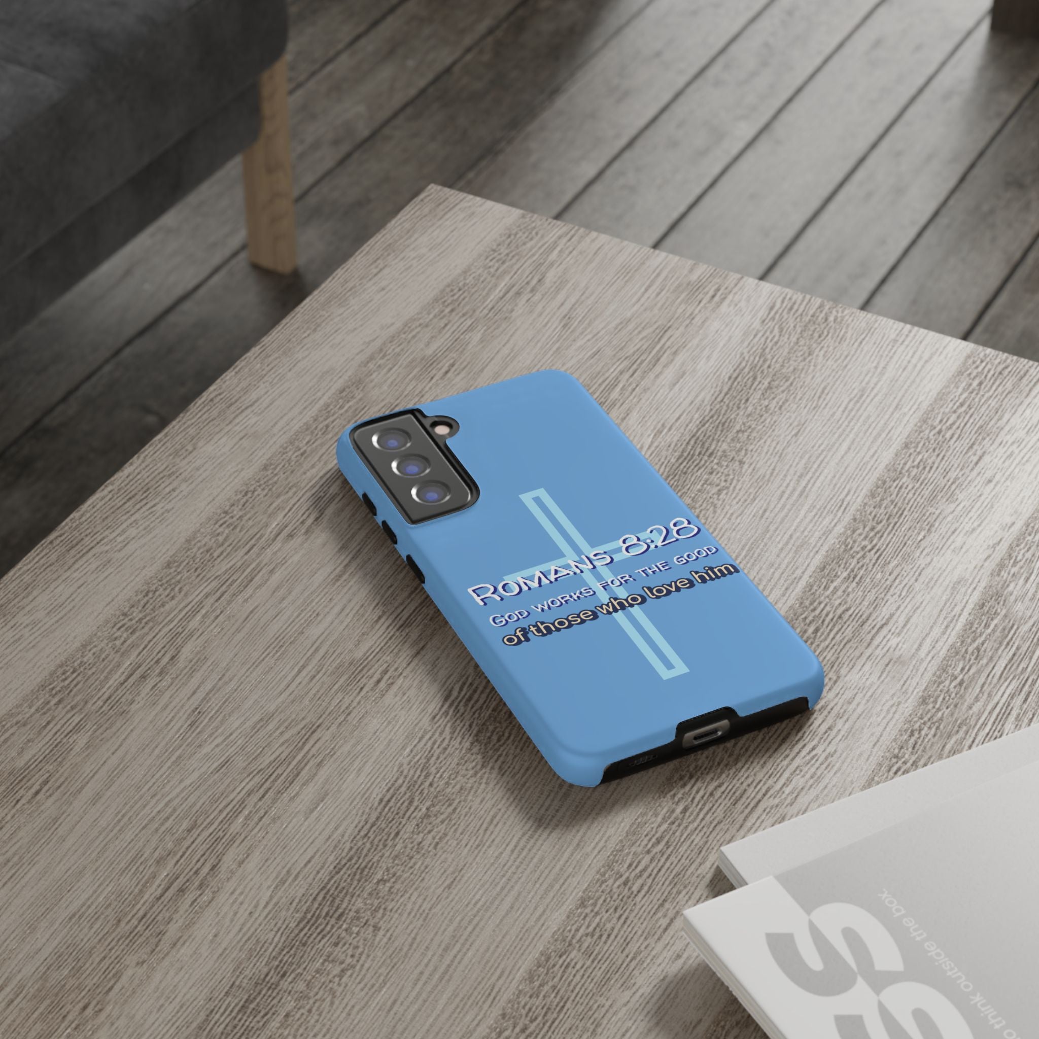 Light Blue Samsung series - Romans 8:28 God works for the Good of those who loves him. Samsung Series Tough Cases for Faith & Inspiration, Christian Gifts, Stylish Protection, Bible Verse Accessories