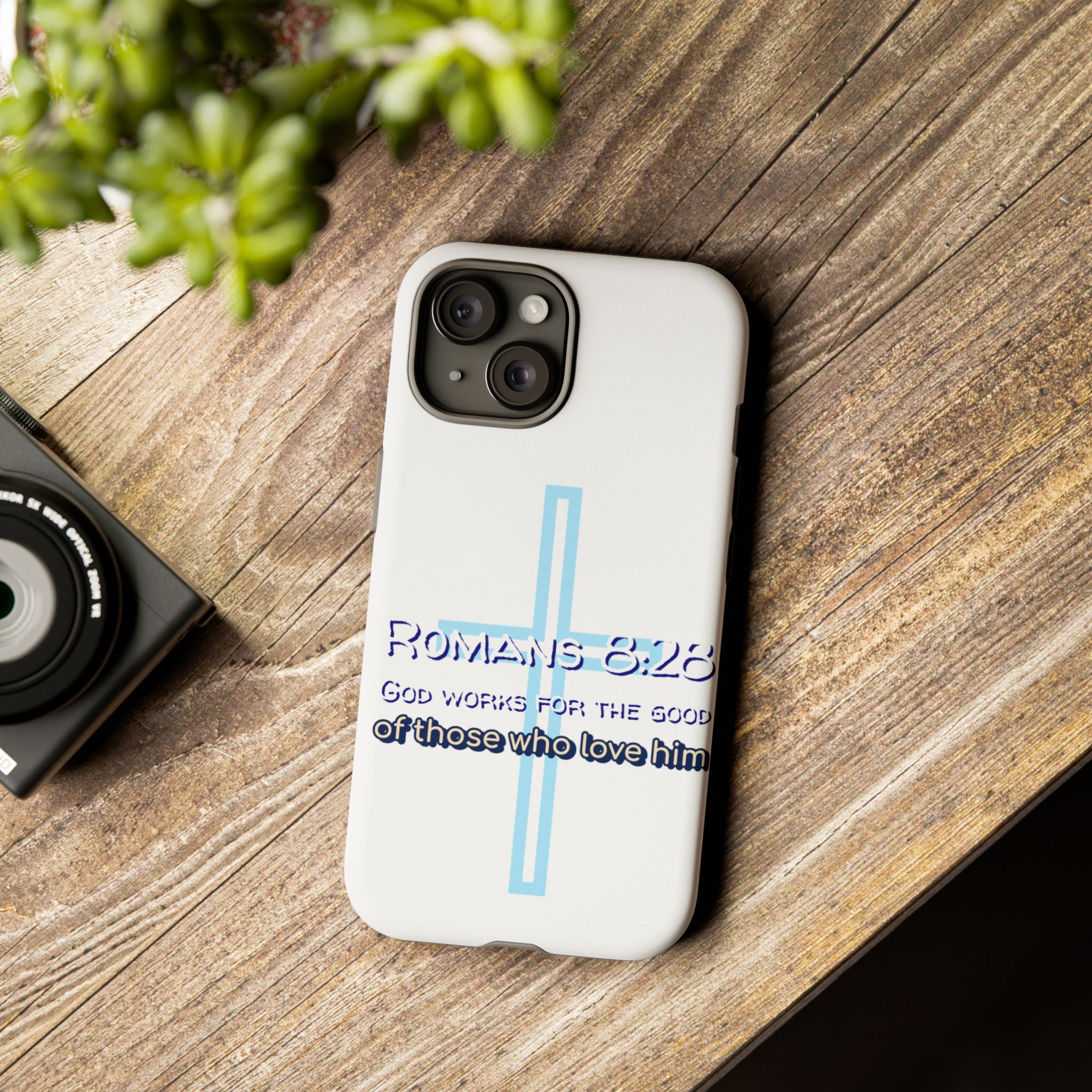 White Case of iPhone series -Romans 8:28 God works for the Good of those who loves him. Tough Cases for Faith & Inspiration, Christian Gifts, Stylish Protection, Bible Verse Accessories