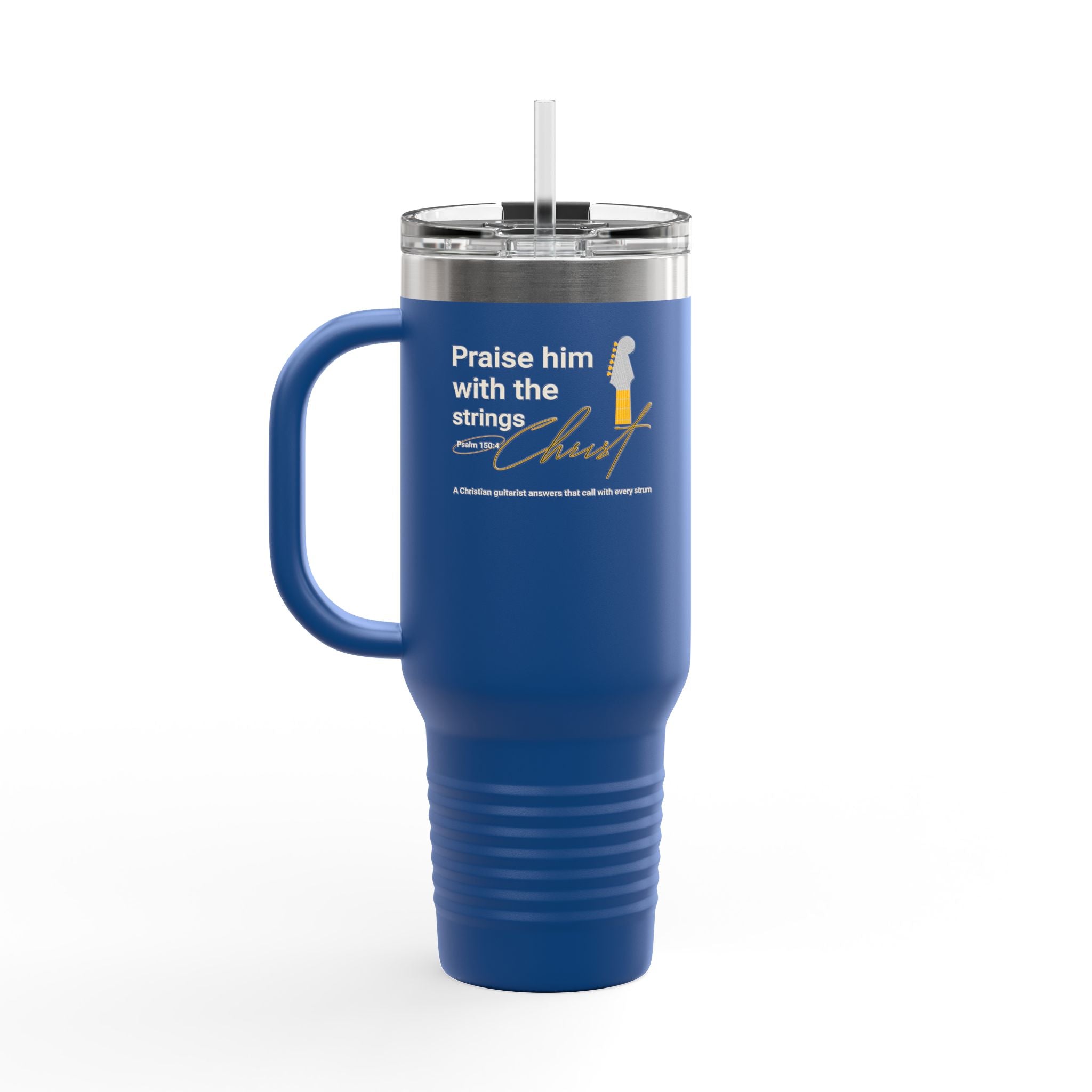 Personalized Insulated Travel Mug. Insulated Travel Mug with Inspirational Quote Praise God with the strings. Perfect Gift for Travelers & Those on the Go or a guitar player.