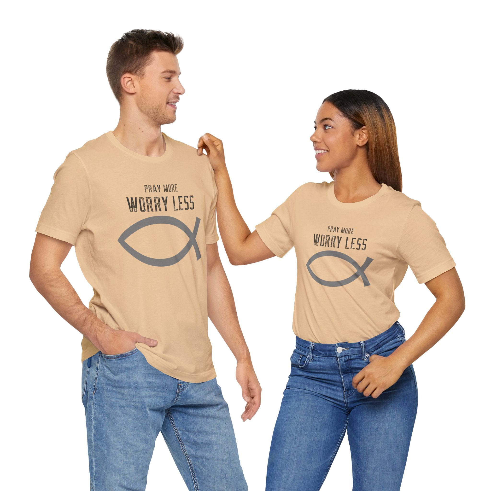 Faith-Pray more worry less Unisex Tee unisex, Christian fish Shirt, Spiritual Gift, Casual Wear, Perfect for Holidays, Christian Attire, Gifts.